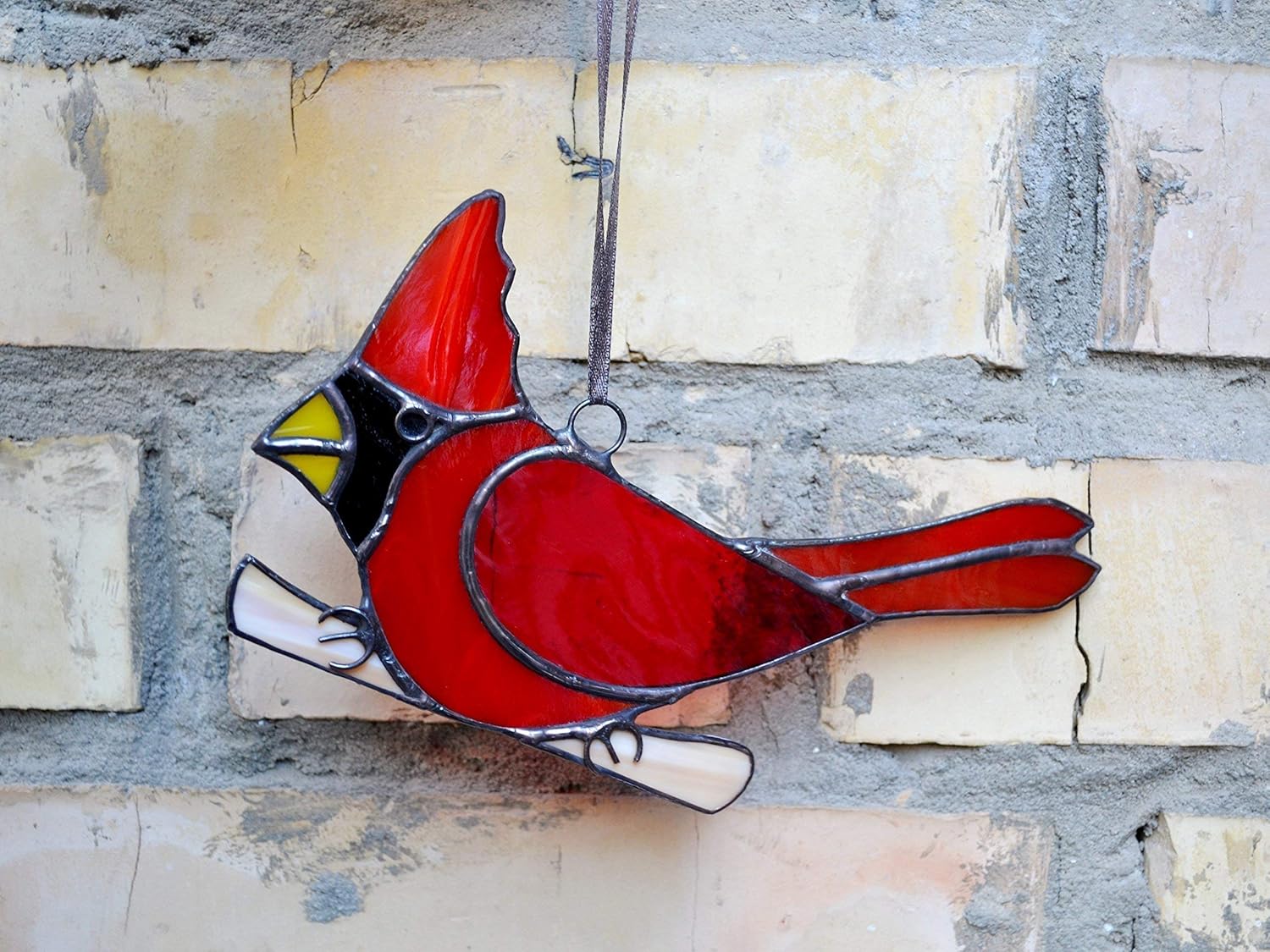 Stained Glass Red Cardinal Perched on Branch Suncatcher for Window Han