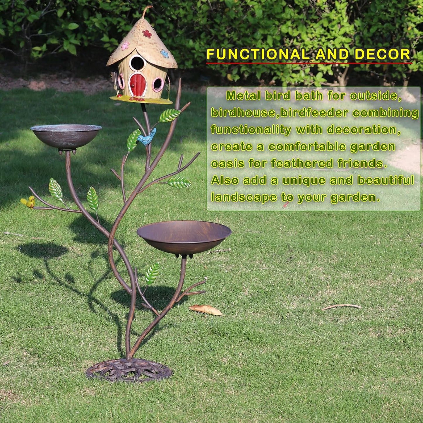 39" H Cast Iron Pedestal Bird Bath, Bird Baths for Outdoors with Metal Bird House Bird Feeder 3-in-1, Garden Yard Lawn Decor