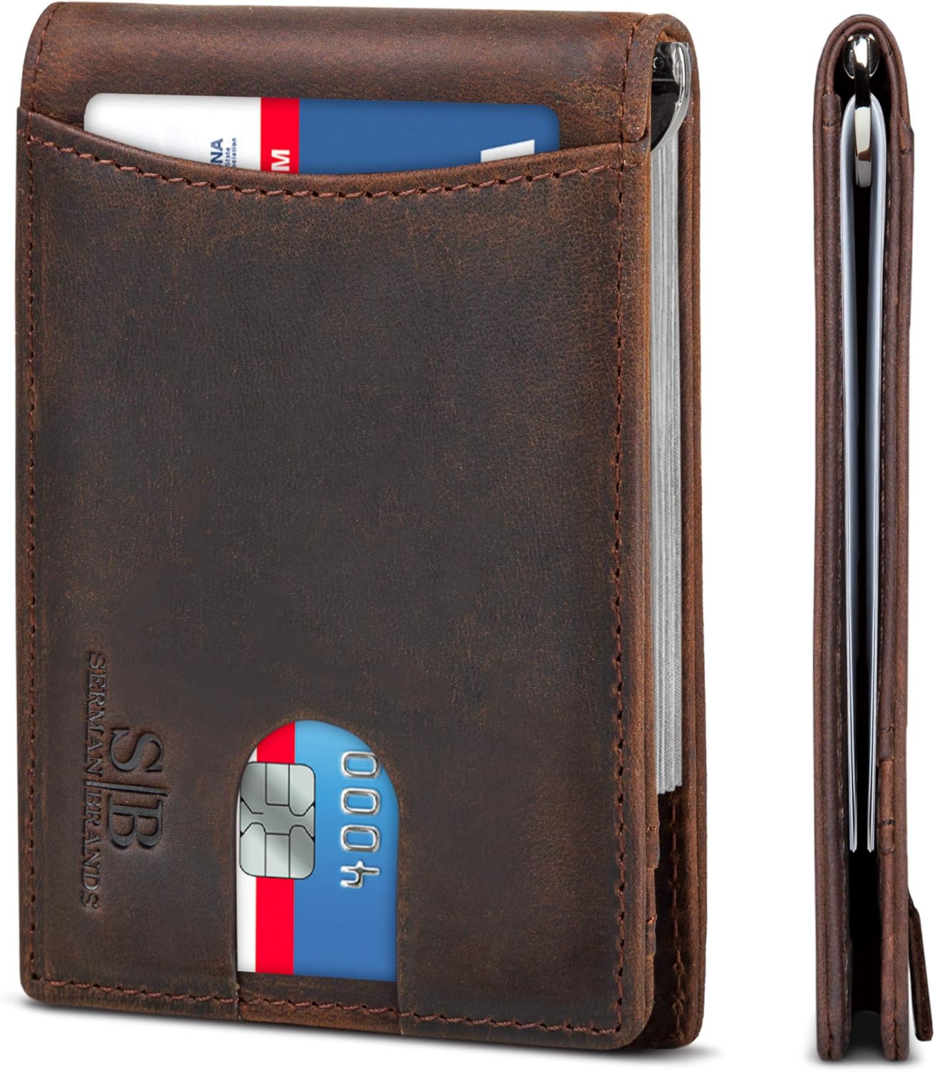 SERMAN BRANDS RFID Blocking Slim Bifold Genuine Leather Minimalist Fro