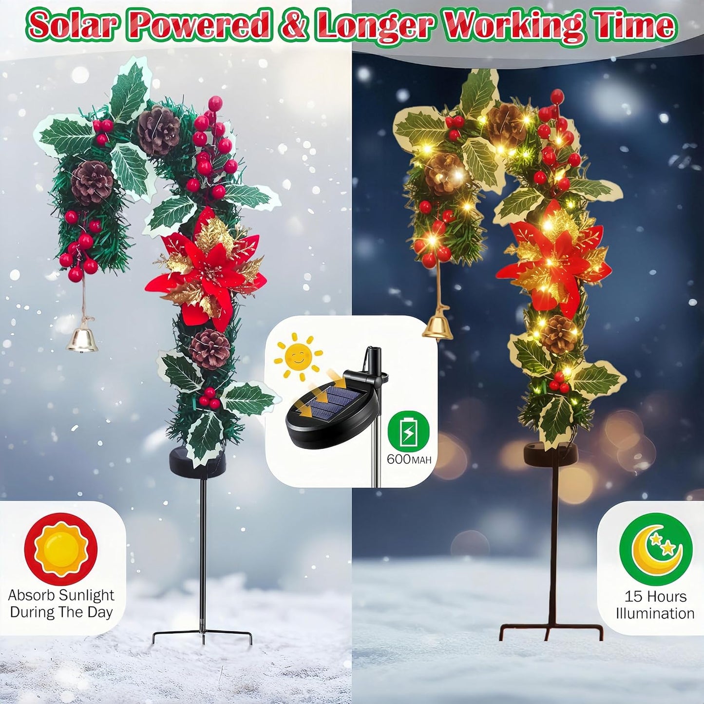 Solar Candy Cane Pathway Lights Outdoor, 2 Pack Solar Christmas Stakes with Poinsettia, Pinecones & Holly, Waterproof LED Yard Decorations, Solar Garden Lights for Walkway, Driveway & Holiday Decor