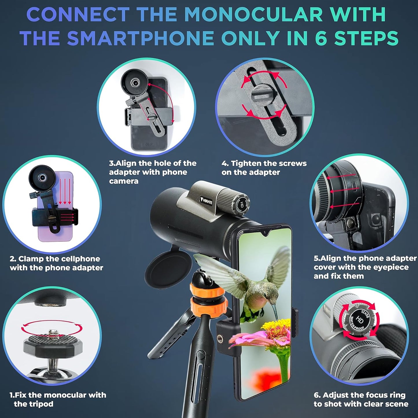 12x56 HD Monocular Telescope for Adults – High Power, Wide Field, Low Light Vision – Waterproof, Compact & Portable – for Bird Watching, Stargazing, Travel – Phone Adapter & Tripod Included