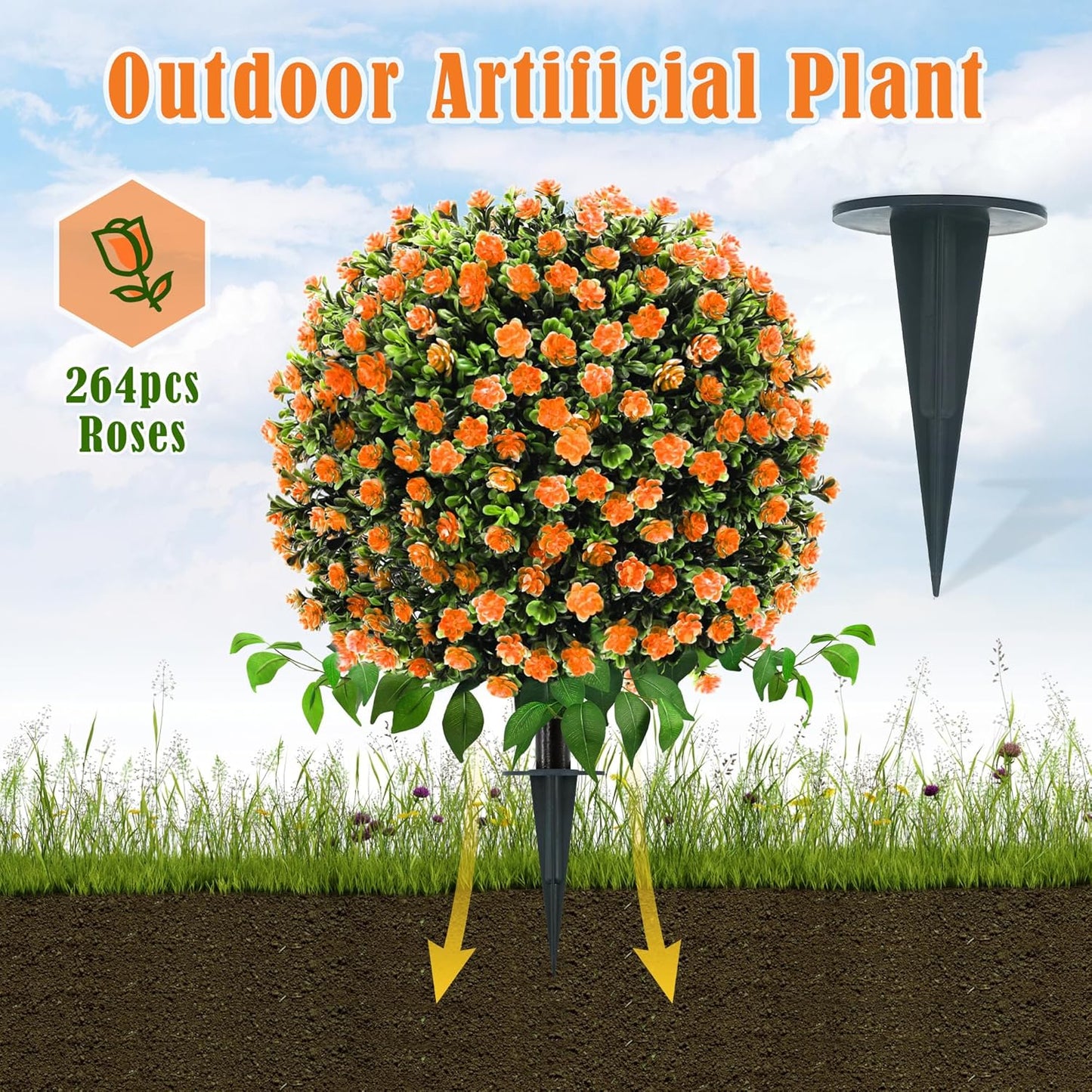 28" Artificial Flower Bushes with Ground Stakes – Artificial Boxwood Topiary Trees with Roses Orange Faux Floral Plants with Autumn Leaves for Outdoor Thanksgiving, Garden, Pathway, Porch Décor