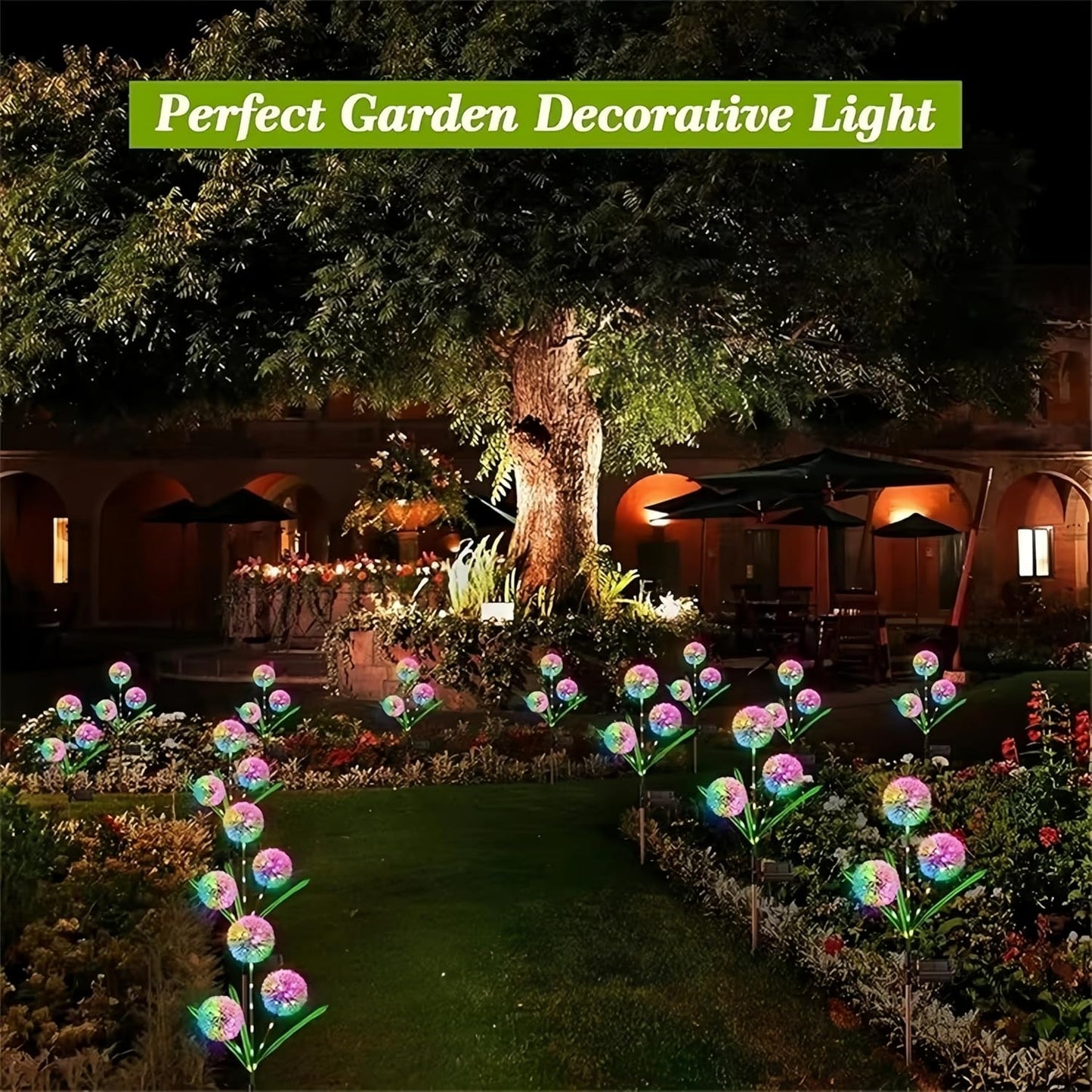 Dandelion Solar Garden Lights, 3-Head 2-Pack - Upgraded Outdoor Flower Lights, Color-Changing Waterproof Solar Outdoor Lights, Suitable for Pathways, Gardens, patios, backyards, Parties (Colored)
