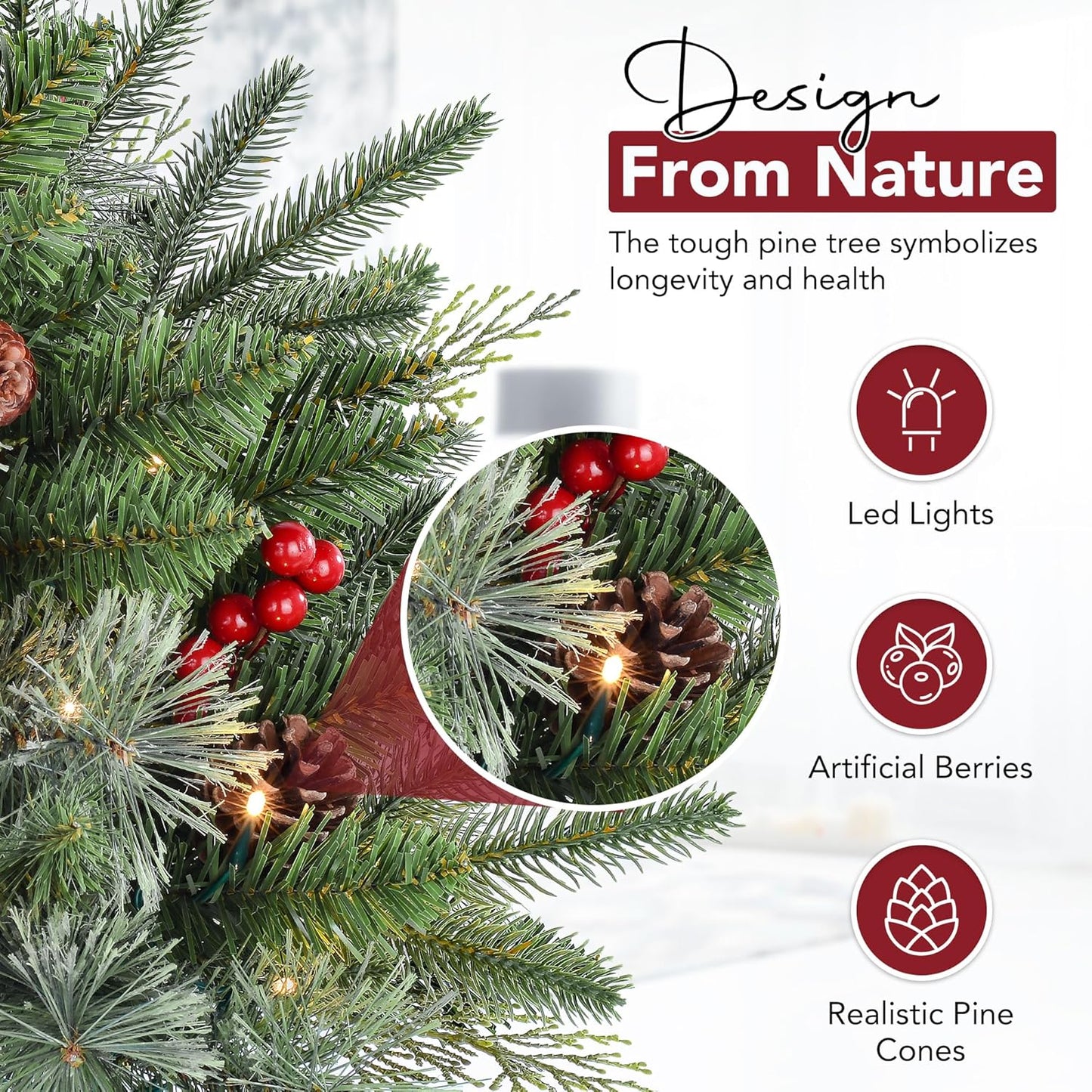 1 Pcs 30 Inch Christmas Tree Green Outdoor Planter Pots Filler Prelit Xmas Pine Trees with Cones and Red Berries 50 Warm White LED with 8 Light Modes and Timer for Yard