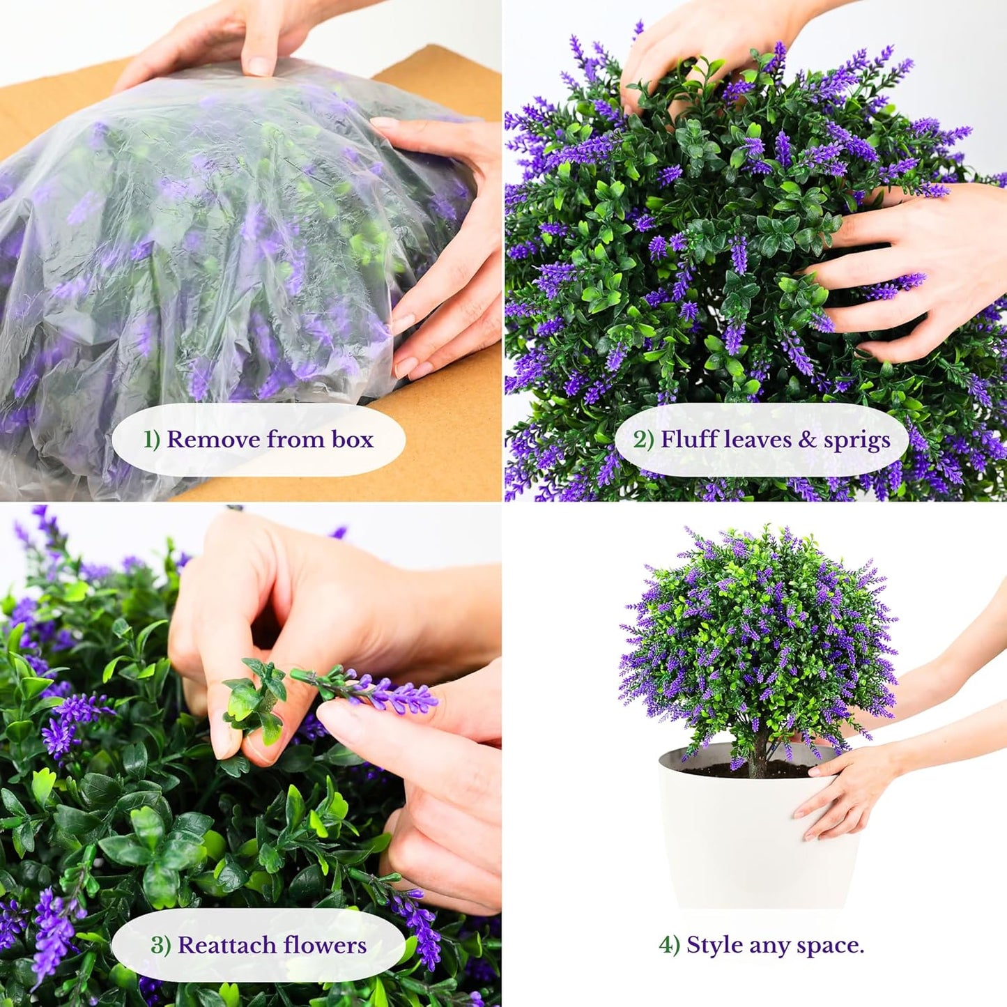 Artificial Boxwood Topiary Balls with Lavender – 24" Set of 2 Faux Shrub Bushes, Evergreen Trees with Ground Spike & Garden Tools – UV Resistant Faux Plants for Outdoor Planters, Porch & Front Door