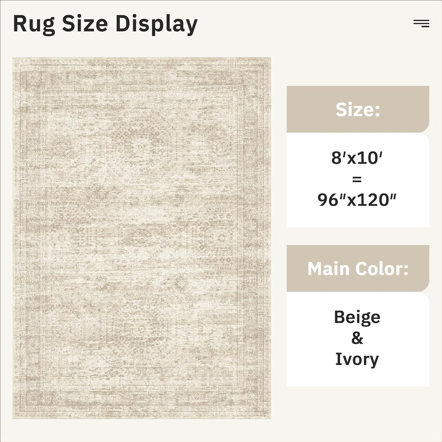 Washable Area Rug 8x10, Large Soft Rugs for Living Room Vintage Beige 