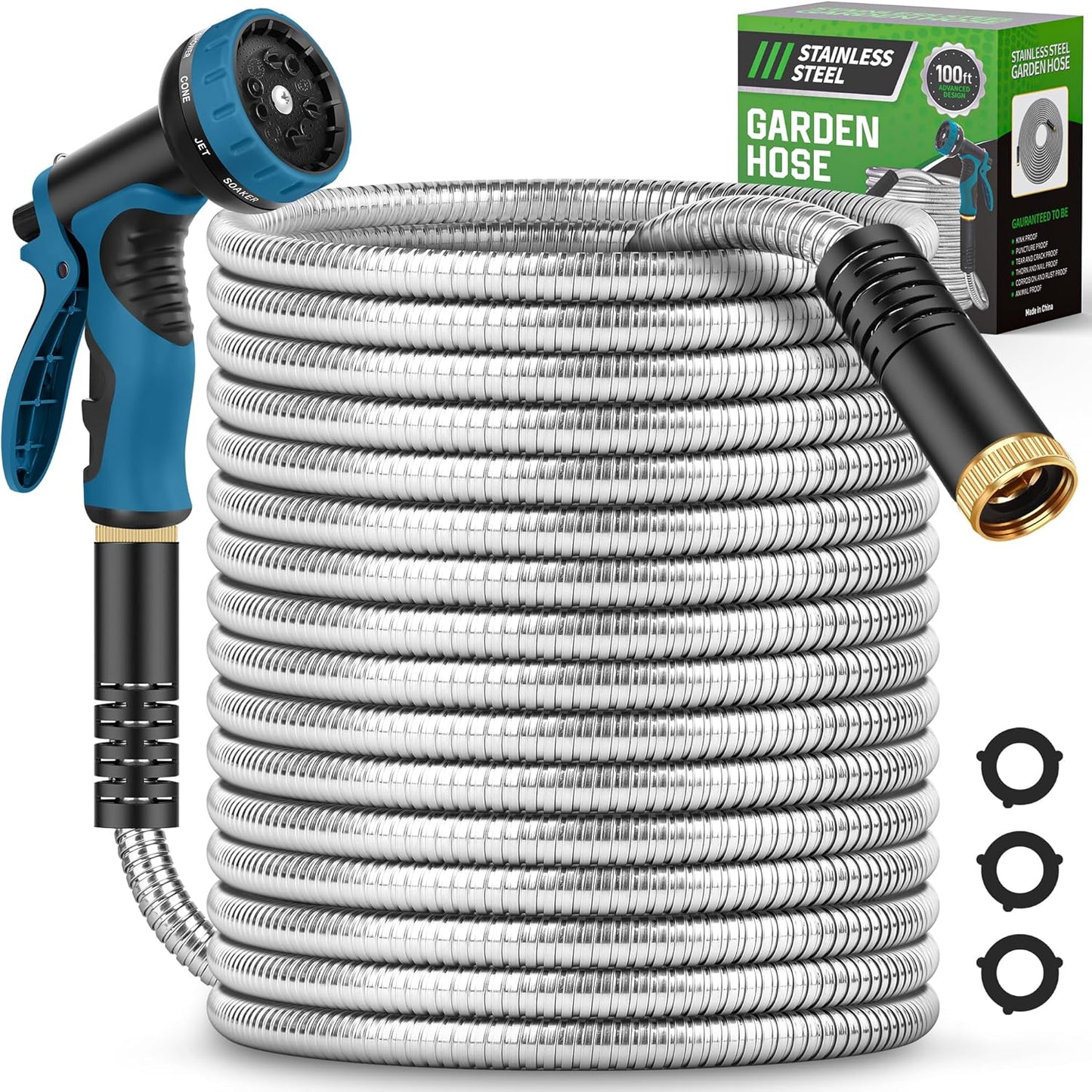 Garden Hose 100FT, Water Hose with 10 Function Nozzle, Garden Hose Met