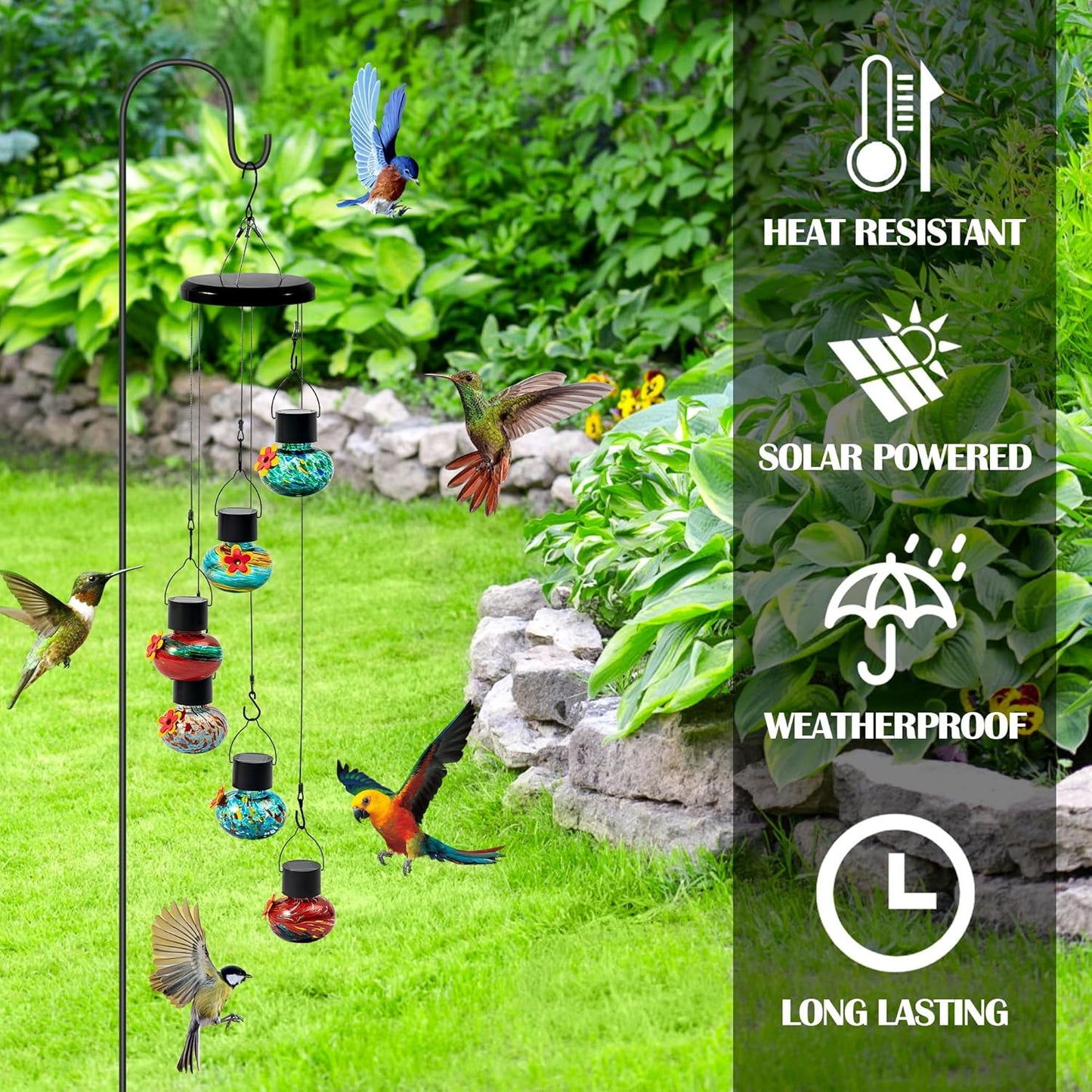 Solar Power Hummingbird Feeders - Colorful Hand Blown Glass Window Wil