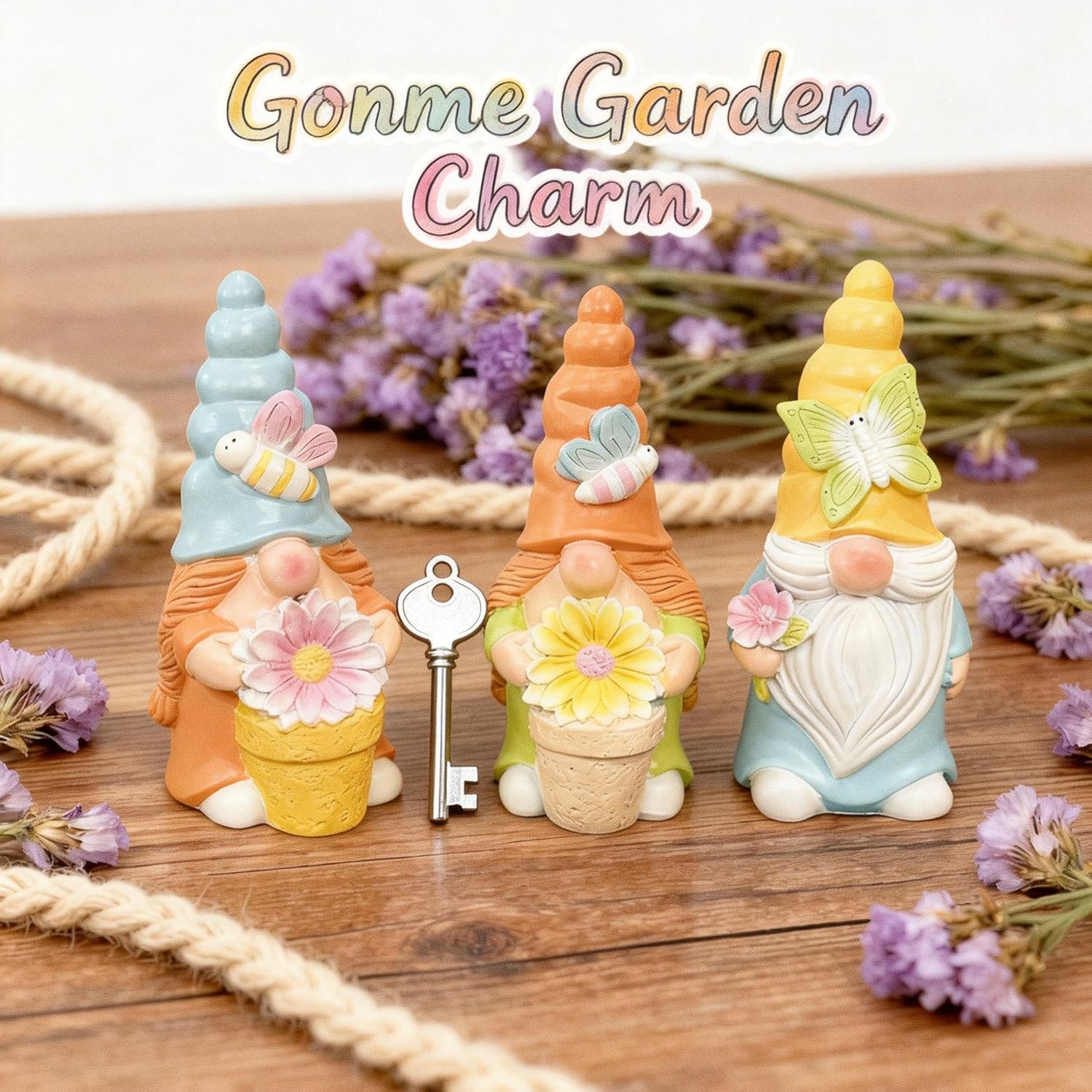 Set of 3 Garden Gnomes with Flower | Spring Decorations for Home, Indo