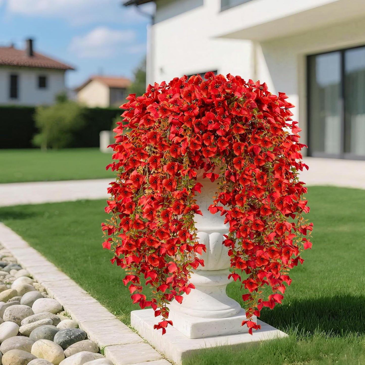 Artificial Fall Hanging Flowers Plants for Outdoors, 2Pcs Faux Silk Fake Hydrangea Mums for Autumn, UV Resistant Realistic Plants for Home Garden Porch Patio Balcony Planter Yard (2Pcs Fall Orange)