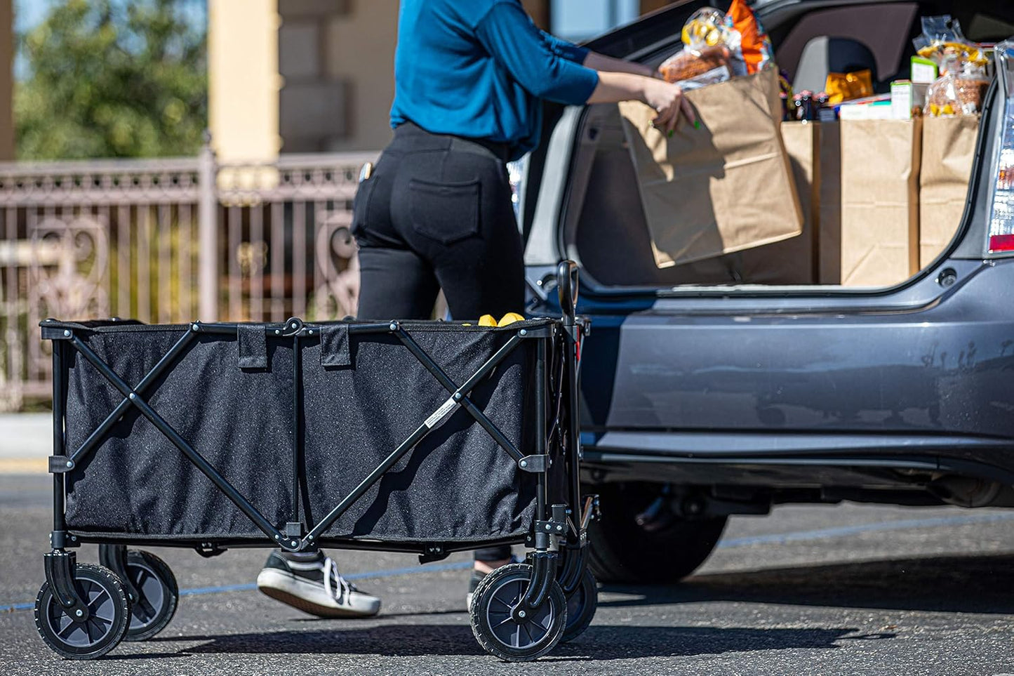 Picnic TIME Adventure Wagon XL, All-Terrain Folding Sport Utility Cart with Wheels, Steel Frame Collapsible Wagon for Grocery, Rolling Cart for Beach with Fitted Cover and Carry Handle, (Black)