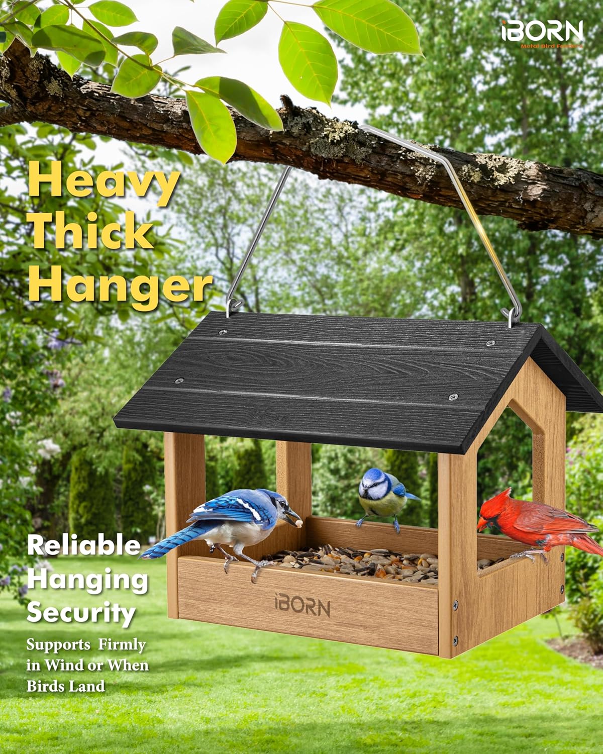 iBorn Pavilion Bird Feeder, Covered Platform Bird Feeder for Outdoors Hanging, WPC Recycled Plastic & Waterproof, Black