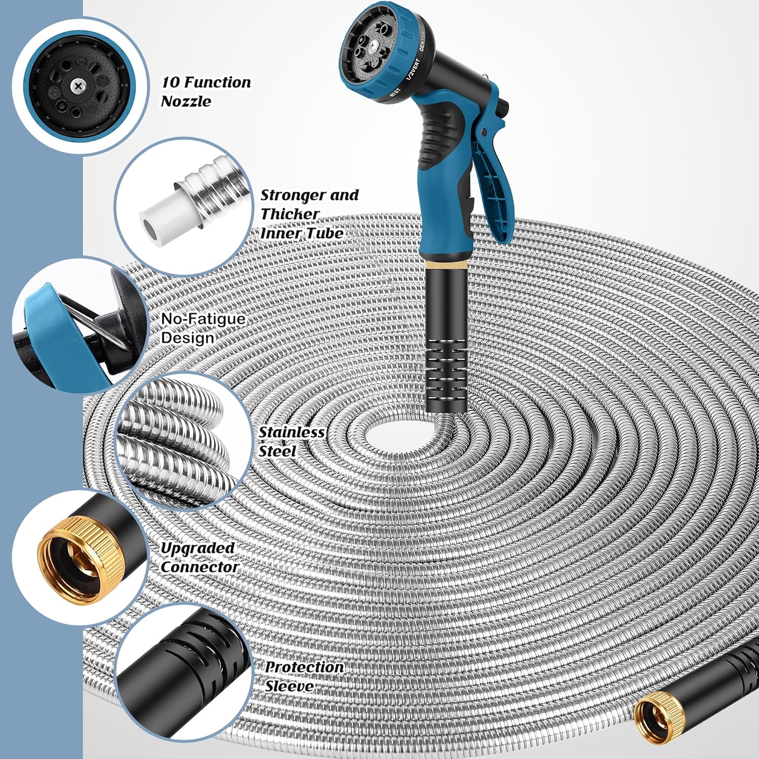 Garden Hose 100FT, Water Hose with 10 Function Nozzle, Garden Hose Met