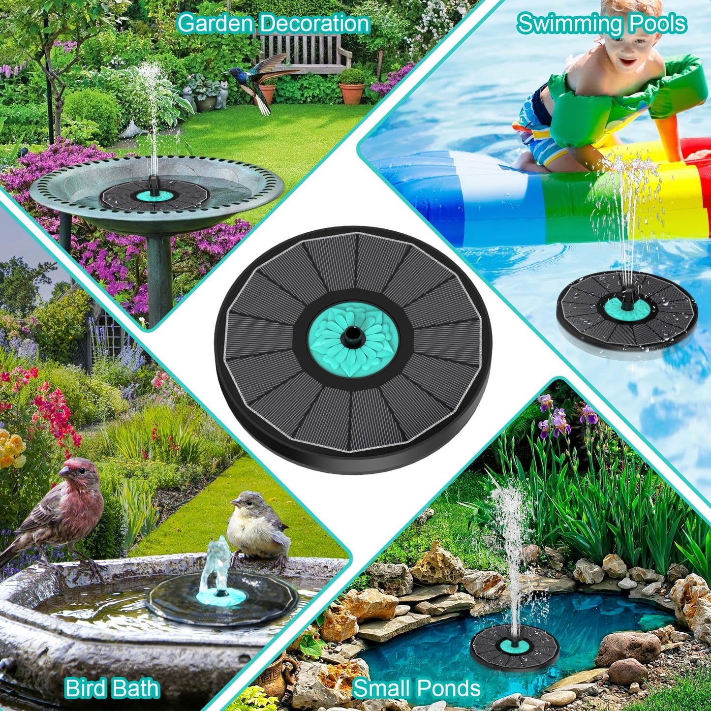 Solar Fountain Cyan Flower, Upgrade 3.5W Solar Bird Bath Fountains, Solar Powered Water Fountain with 7 Nozzles, 4 Fixed Pipes for Hummingbirds, Bird Bath, Garden, Pool, and Pond