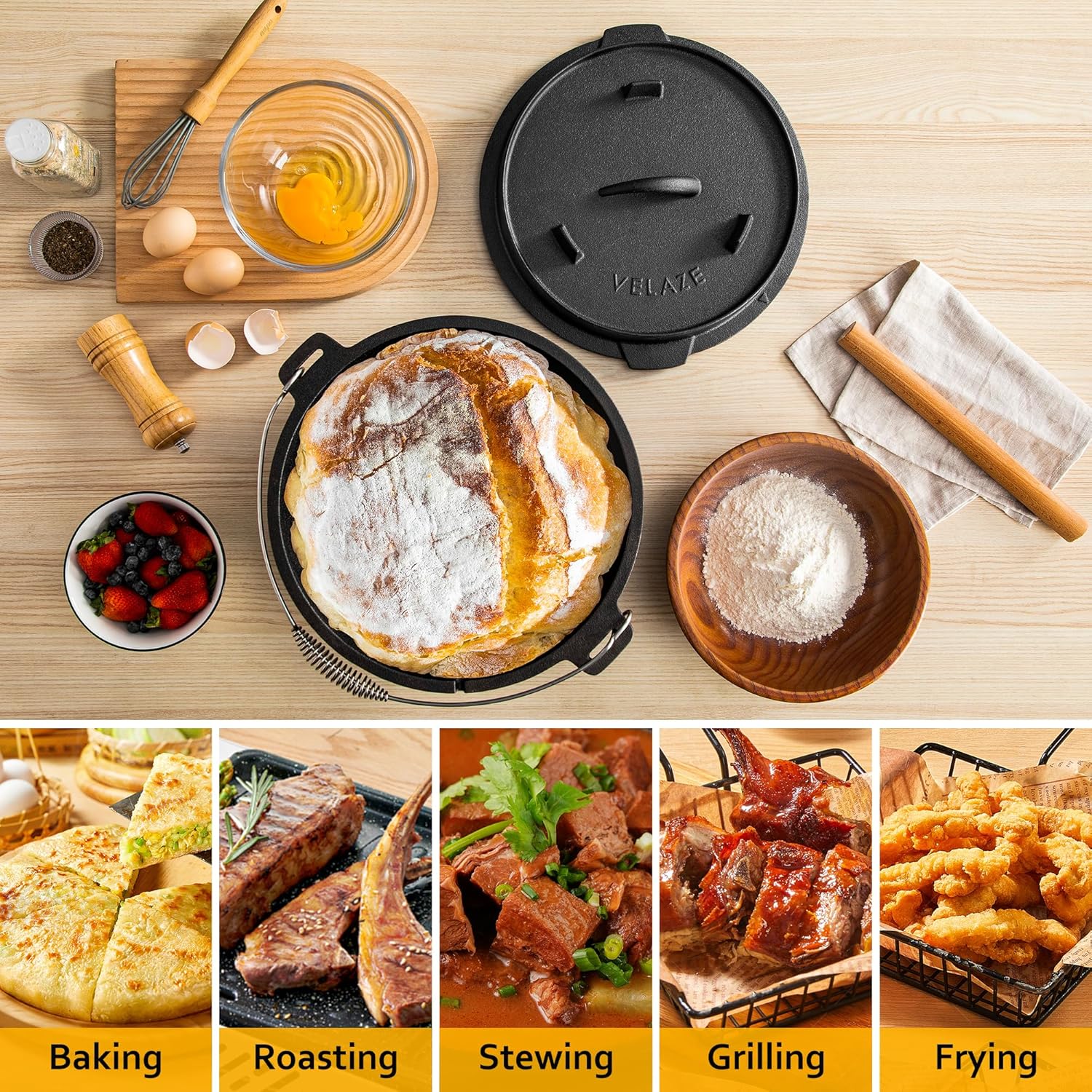 Velaze 10QT Camping Dutch Oven, Pre-Seasoned Cast Iron Camp Dutch Oven
