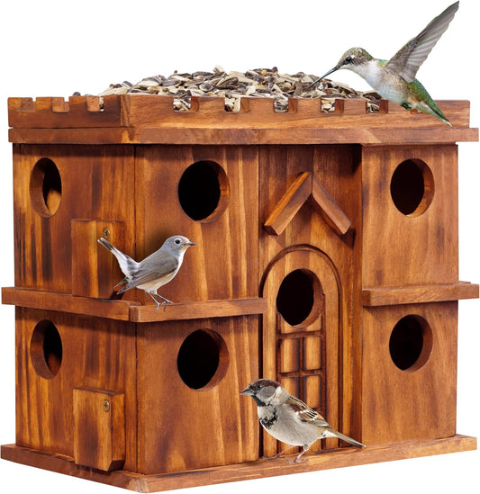 MIXUMON Wooden Bird Houses for Outside – 9 Rooms Large Bird House, Carbonized Pine Rustic Finish, 1.5" Entrance Holes, Cleaning Doors, Outdoor Birdhouse Nesting Box (Rustic, 9 Rooms)