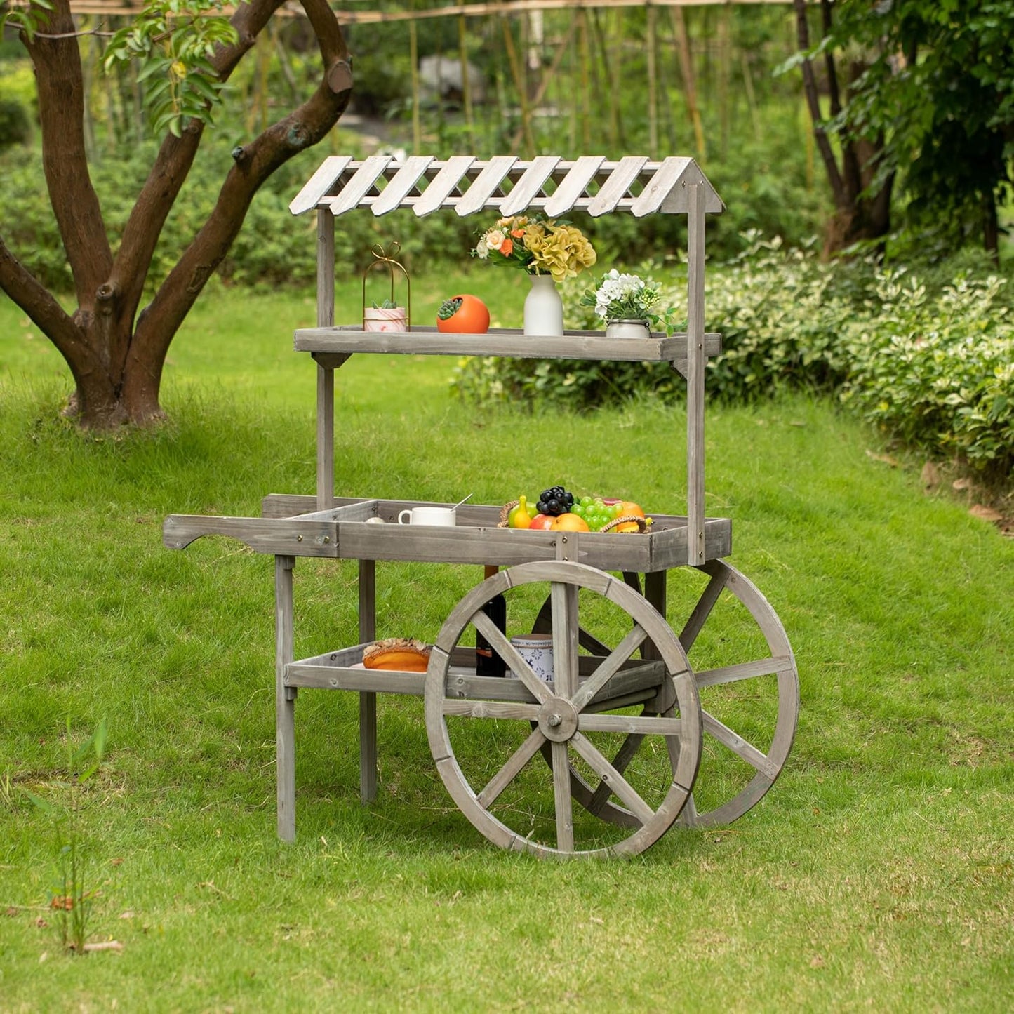 Antique Rustic Solid Wood Decor Display Rack Cart Wood Plant Stand 3 Tier with Wheels for Display, Wood Wagon with Shelves for Plants and More