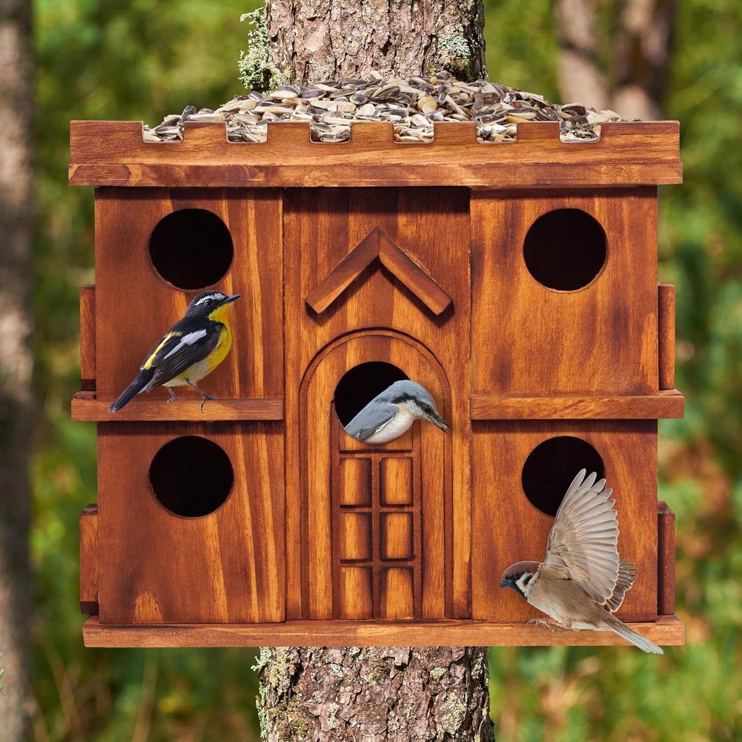 MIXUMON Wooden Bird Houses for Outside – 9 Rooms Large Bird House, Carbonized Pine Rustic Finish, 1.5" Entrance Holes, Cleaning Doors, Outdoor Birdhouse Nesting Box (Rustic, 9 Rooms)