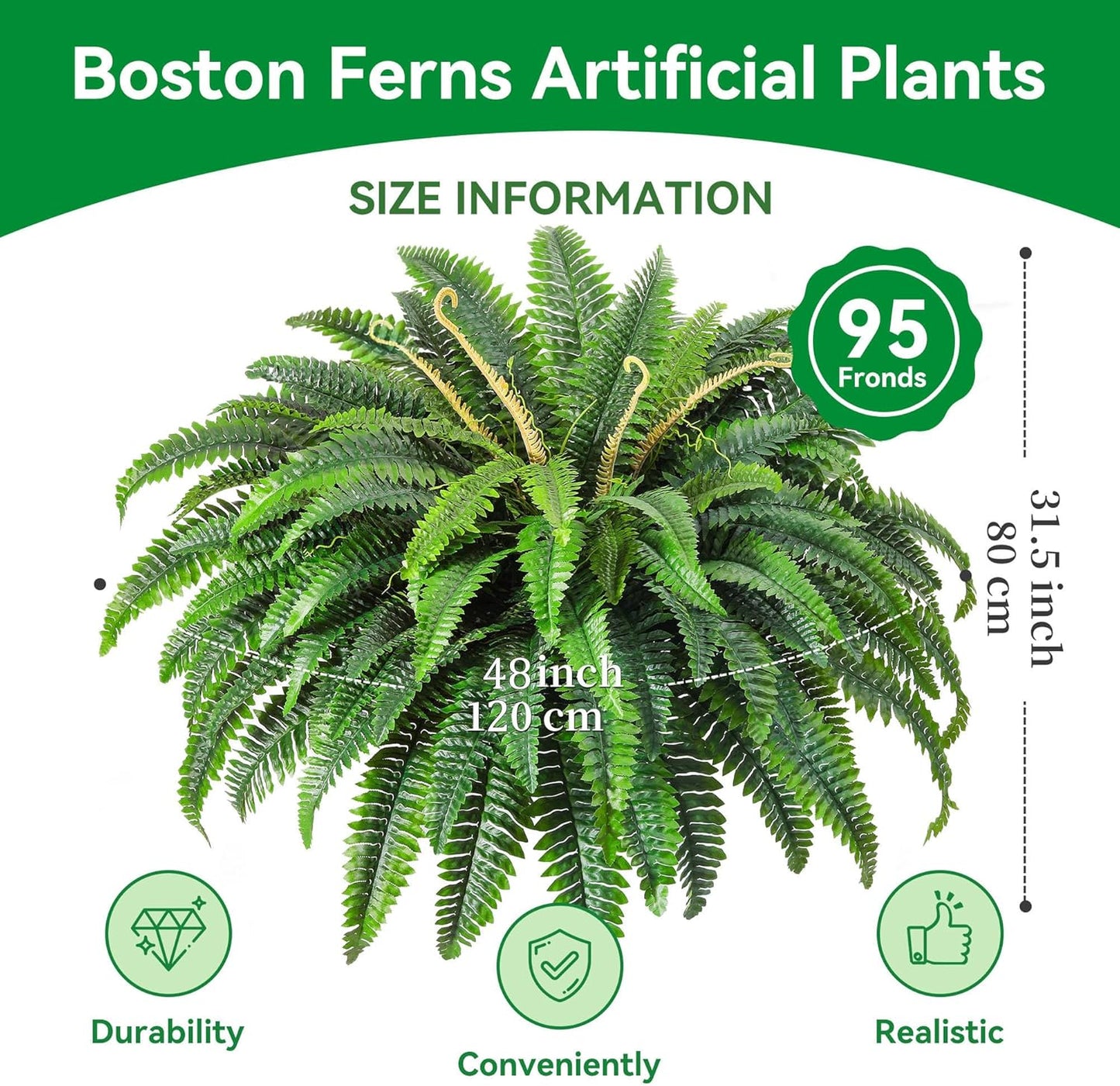 48" Artificial Ferns Plants for Outdoors Indoors, Large UV Resistant 95 Leaves Fake Boston Ferns Bush Artificial Plants, Large Hanging Faux Plant Greenery for Living Room Entrance Office Home Decor