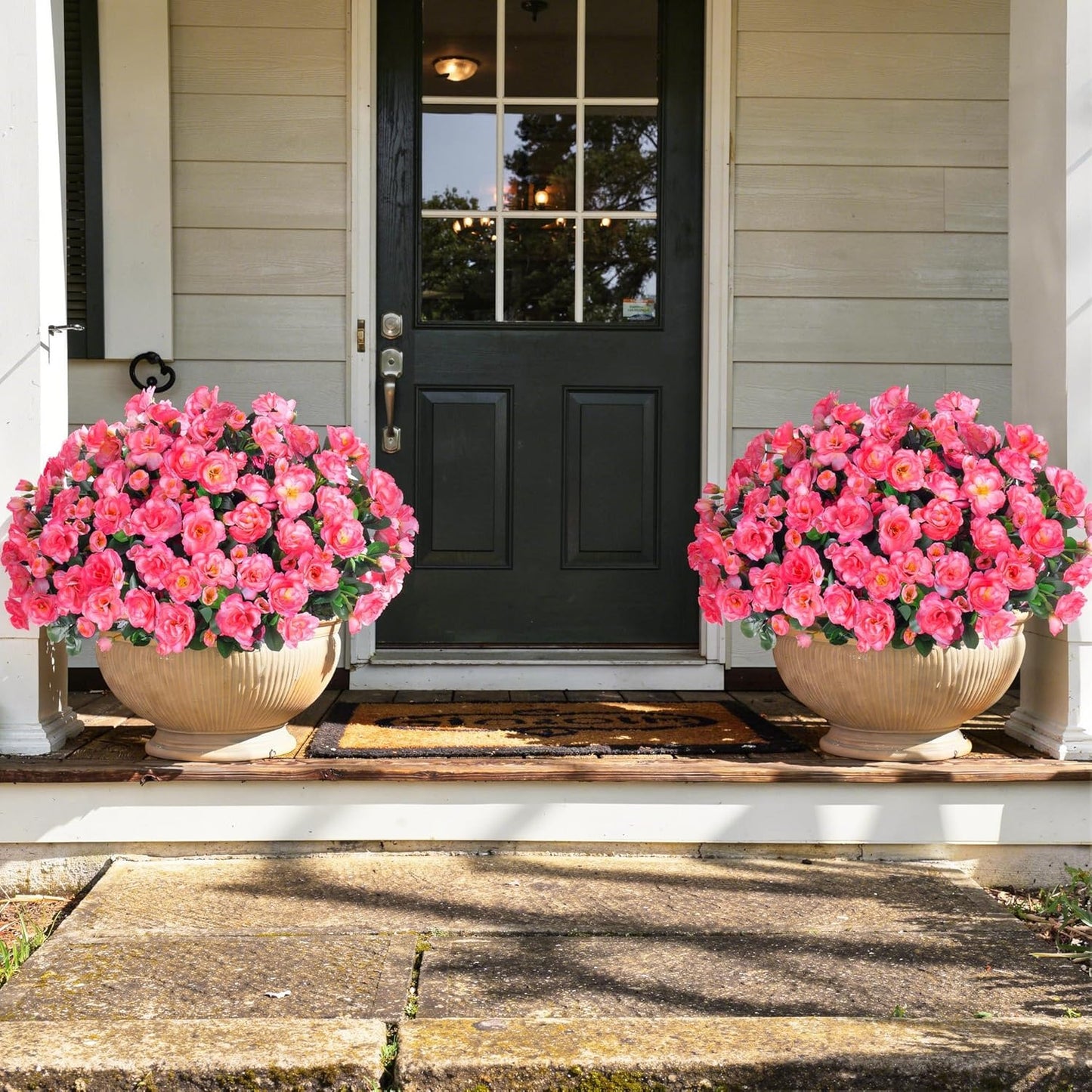 Artificial Faux Flowers Plants for Outdoor Outside Spring Decoration, Fake Silk Pink Camellia UV Resistant Realistic for Planter Pot Porch Patio Balcony Garden Yard Home Decor, 3 Large Bundles