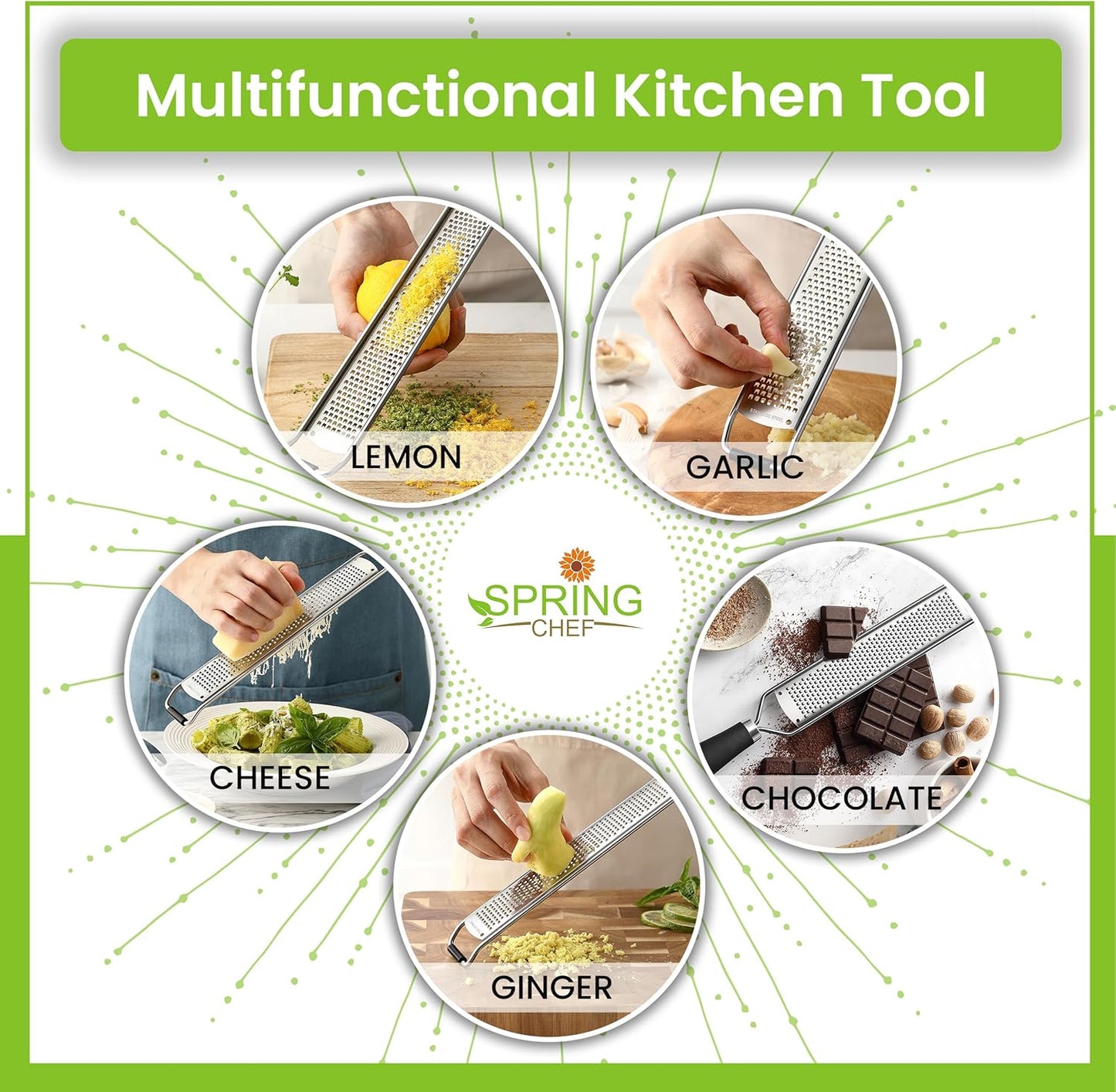 Spring Chef Stainless Steel Lemon Zester Grater with Handle - Garlic, Cheese, Parmesan, Nutmeg, Lime, Ginger Grater - Heavy Duty Kitchen Tool - Citrus Zester with Blade Cover - Fine Shred - Black