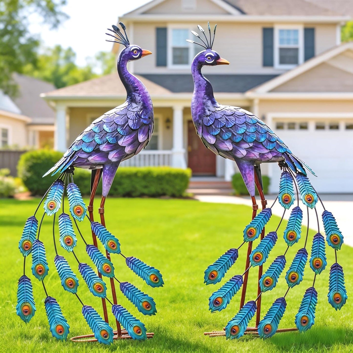 Kircust Purples Peacock Garden Statue and Sculpture, Metal Peacocks Ya