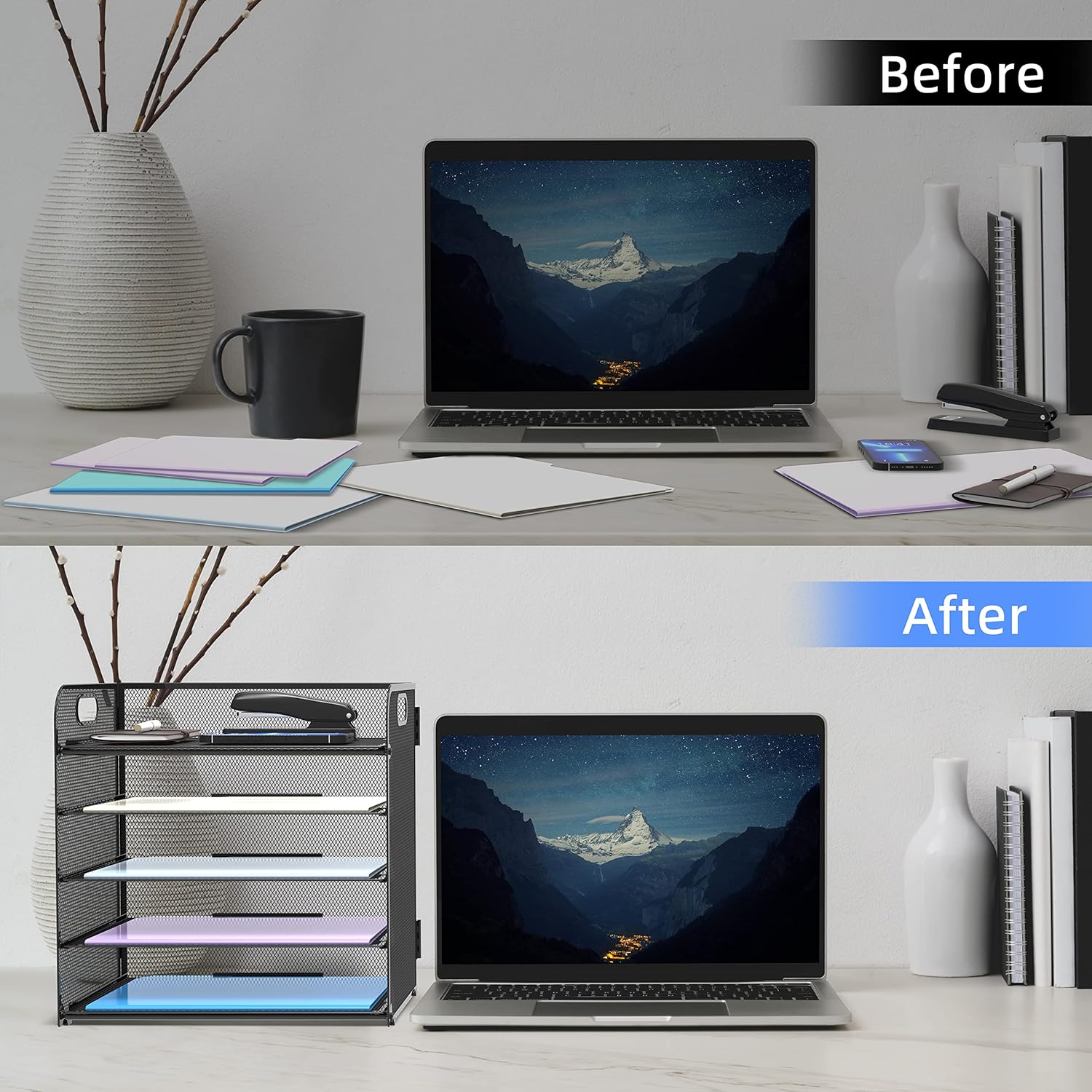 Supeasy 5 Trays Paper Organizer Letter Tray with Handle-Mesh Desk File