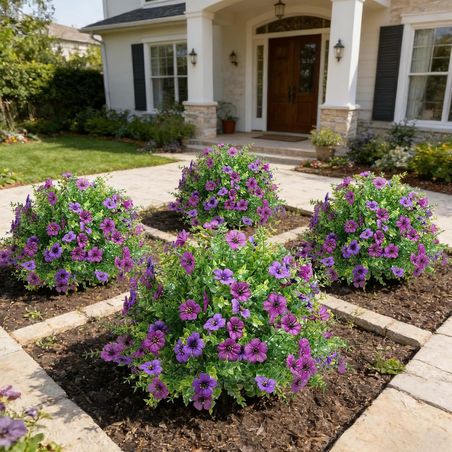 24Inch Artificial Purple Flower Boxwood Topiary Tree Set of 2 with Ground Spike, UV-Resistant & Waterproof Faux Greenery Low Maintenance Decor for Garden Patio Porch Entryway Indoor Outdoor