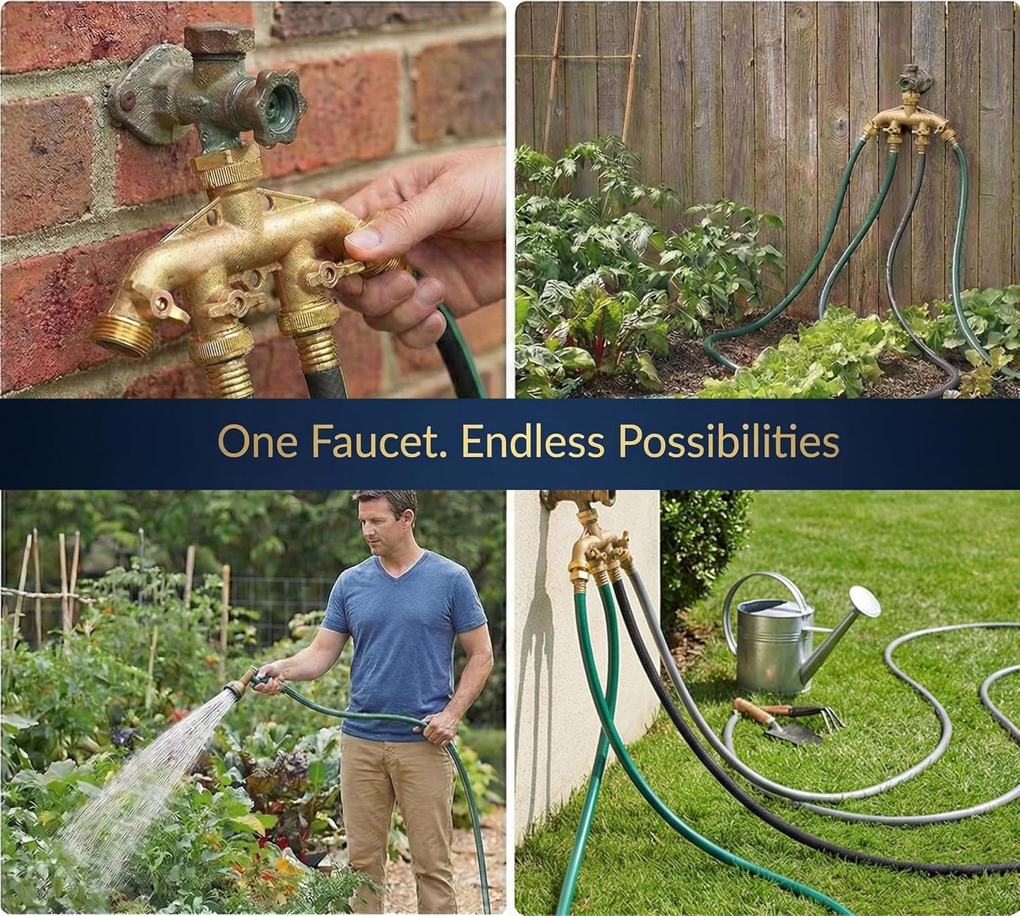 Morvat Brass 4-Way Splitter LEAD-FREE, Heavy-Duty Garden Hose Manifold Connector with Improved Comfort Grip ON/OFF Valves, Adapter for Water Faucet & Spigot, Includes 8 Washers, Teflon Tape (1-Pack)