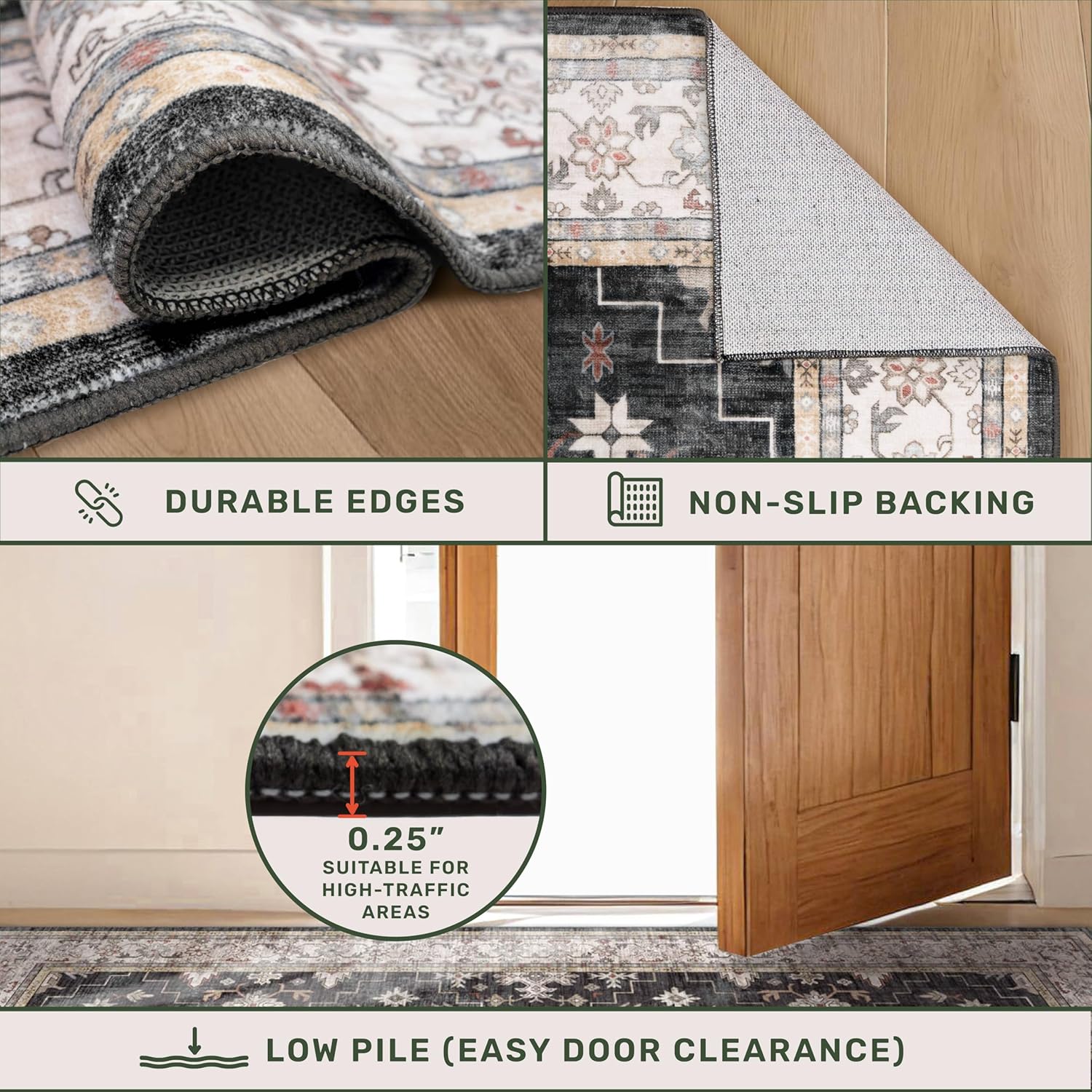 Black Boho Washable 2x6 Runner Rugs for Hallway Kitchen Bedroom Beside