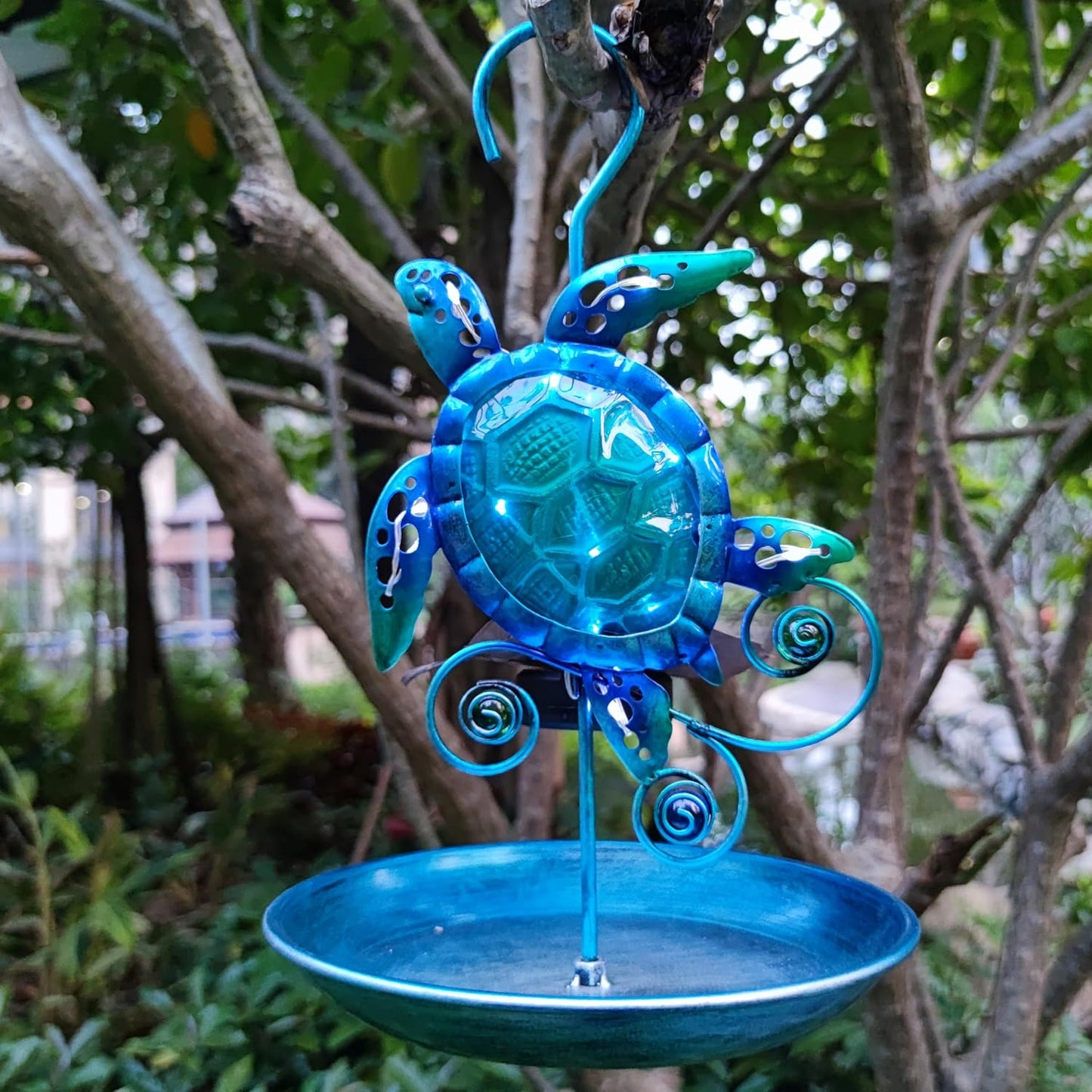 JOYBee Sea Turtle Solar Wild Bird Feeder for Outdoors Hanging, Metal & Glass Ocean Theme Outdoor Cardinals Feeders, Gifts for Bird Lovers and Solar Garden Decoration