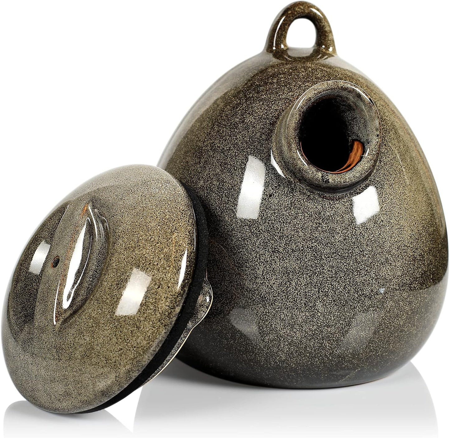 Byer of Maine Egg Bird Home for Small Songbirds, Sandy Granite, High Fired Porcelain Stoneware, Ceramic Bird House, Glaze Finish, with Forged Steel Hook