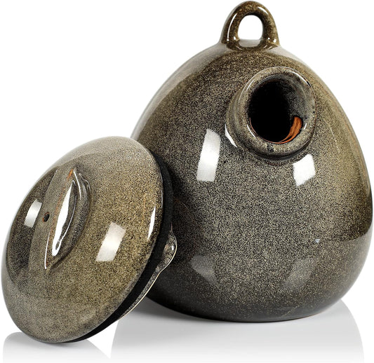 Byer of Maine Egg Bird Home for Small Songbirds, Sandy Granite, High Fired Porcelain Stoneware, Ceramic Bird House, Glaze Finish, with Forged Steel Hook
