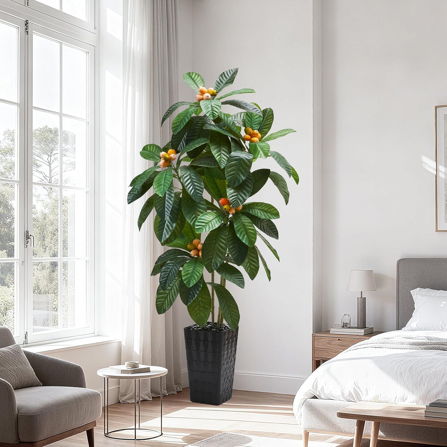 5FT Artificial Tree with Fruit, Artificial Loquat Tree, Large Fake Green Tropical Fruit Tree Silk Floor Plants Indoor with Black Planter for Outdoor Home Room Office Patio Decor