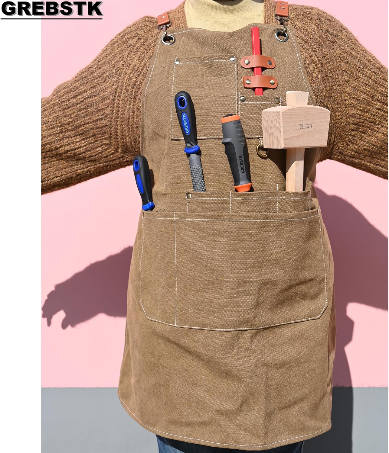 GREBSTK Work Apron Cross Back Adjustable Canvas Tool Apron for Woodworking, Gardening, Cooking