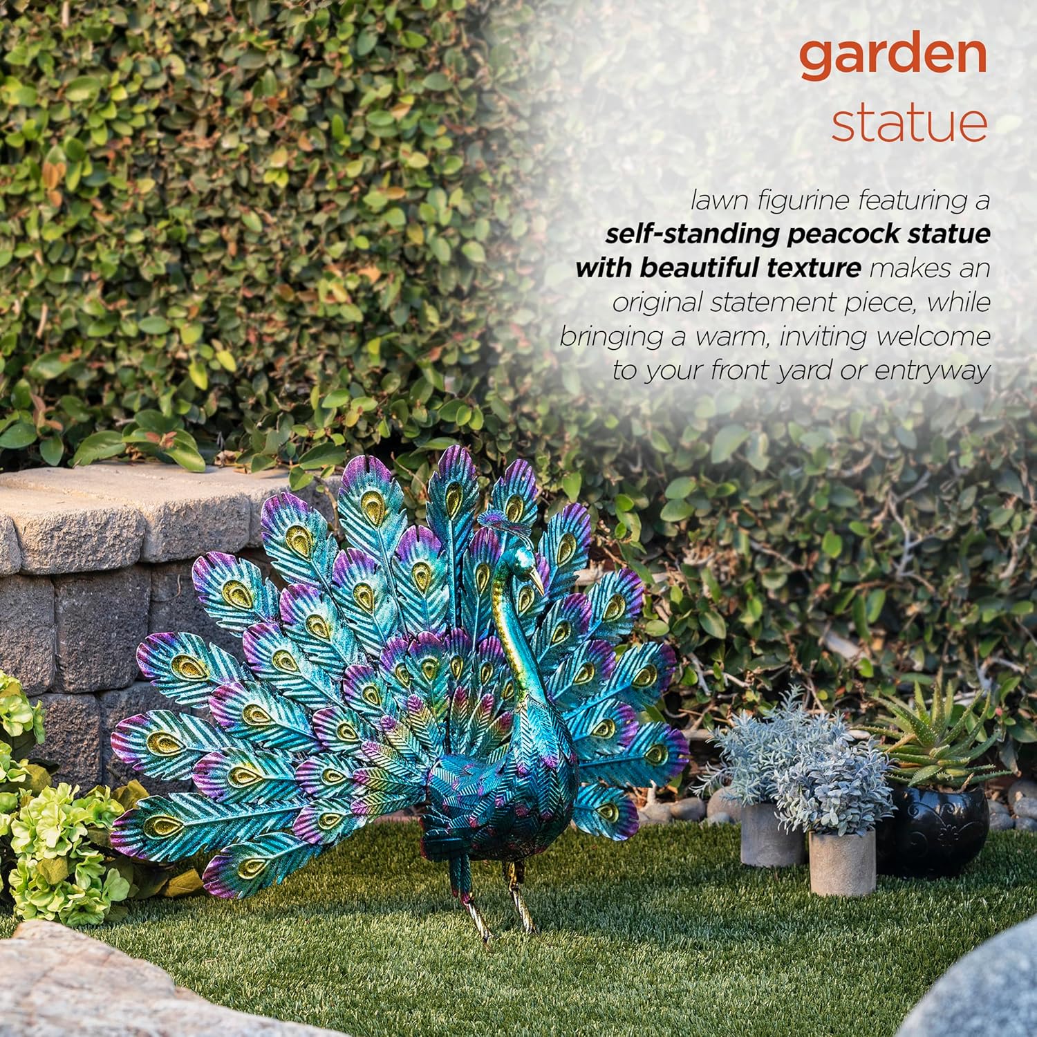 Alpine Corporation 23" Tall Outdoor Metallic Peacock Tail Spread Yard 