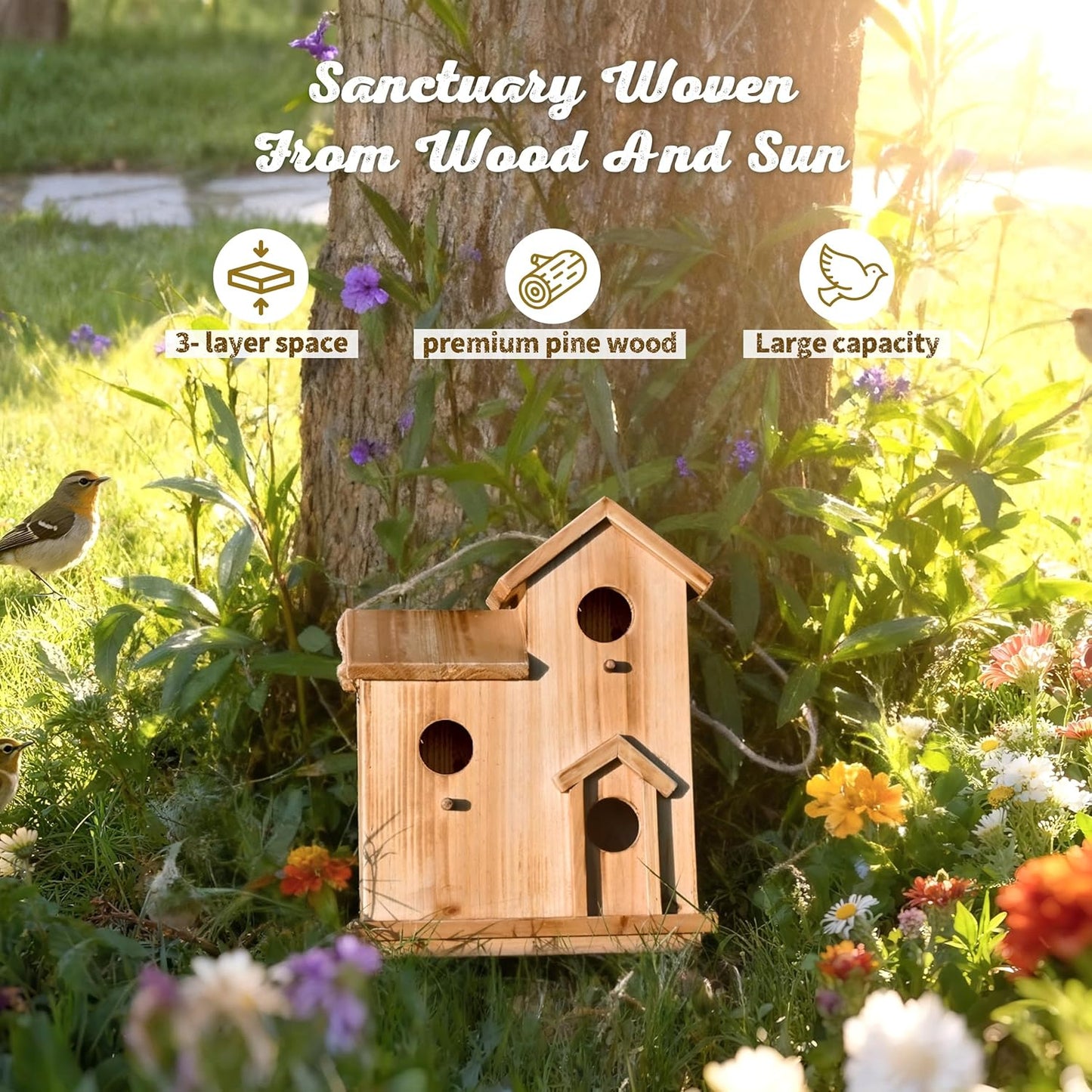 3-Chamber Wooden Bird House with Rope, Outdoor Bird Nesting Box with 3 Entry Holes, Multi-Level Shelter for Small Birds (Wood, 3 Chamber)