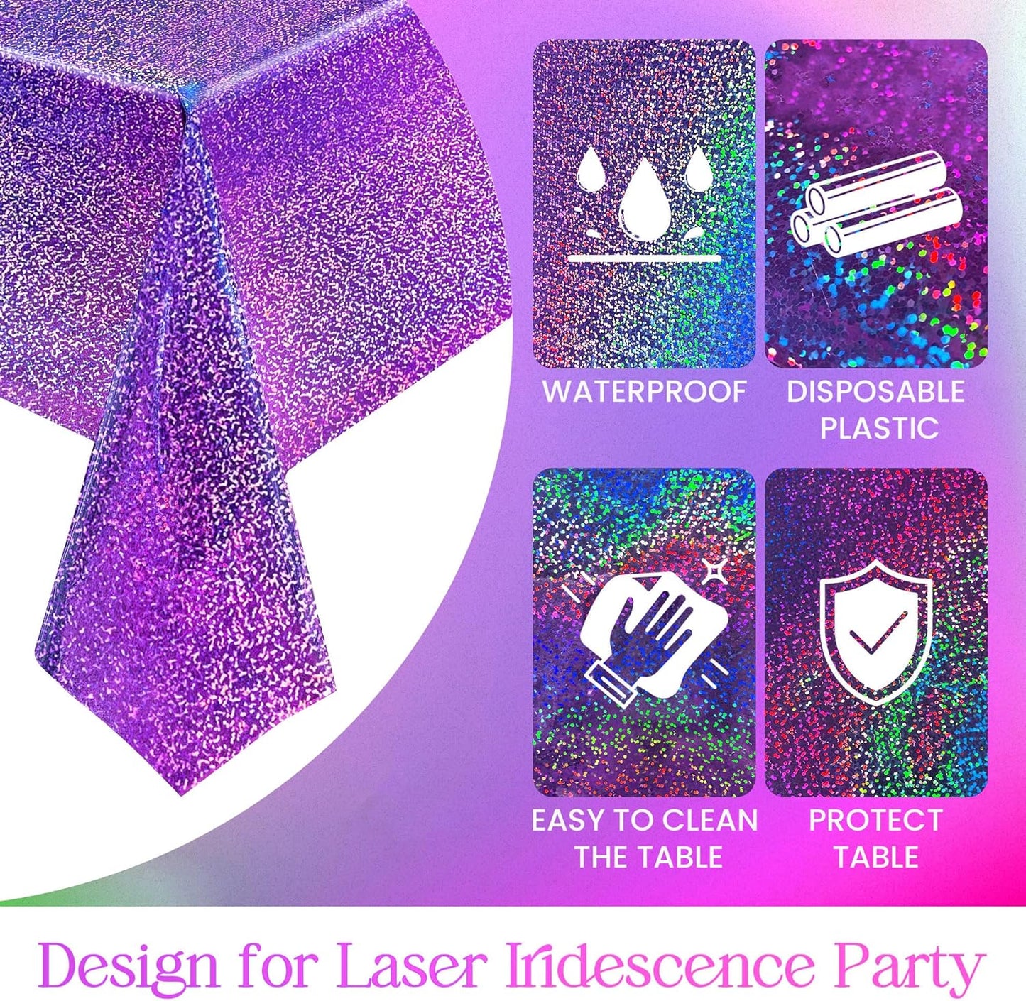 Sparkling Holographic Laser Tablecloth - Shimmering, Waterproof, Easy to Clean - Ideal for Bachelorette, Birthday, Wedding, and Anniversary Party Decorations (Purple, 1)