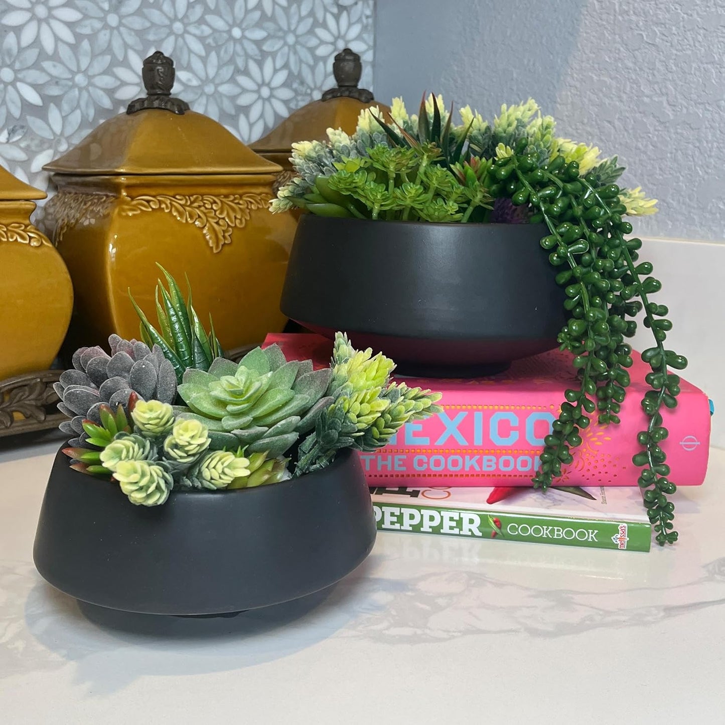 Admired by Nature Set of 6.5" & 9.5" Ceramic Flower Planters, Decorative Pot for Indoor Succulent Home Décor, Black