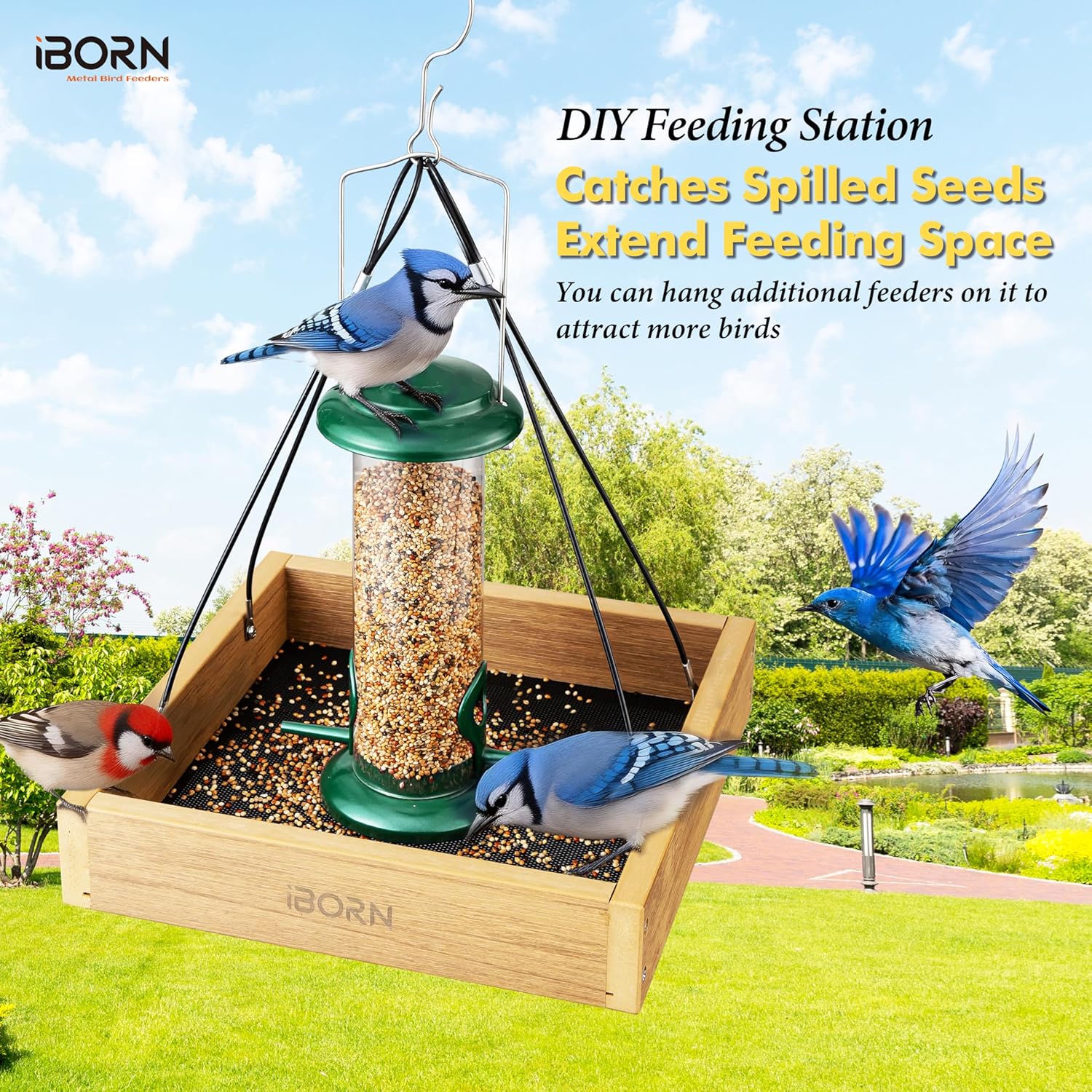 iBorn Platform Bird Feeder Tray, Bird Feeders for Outdoors Hanging, Fl