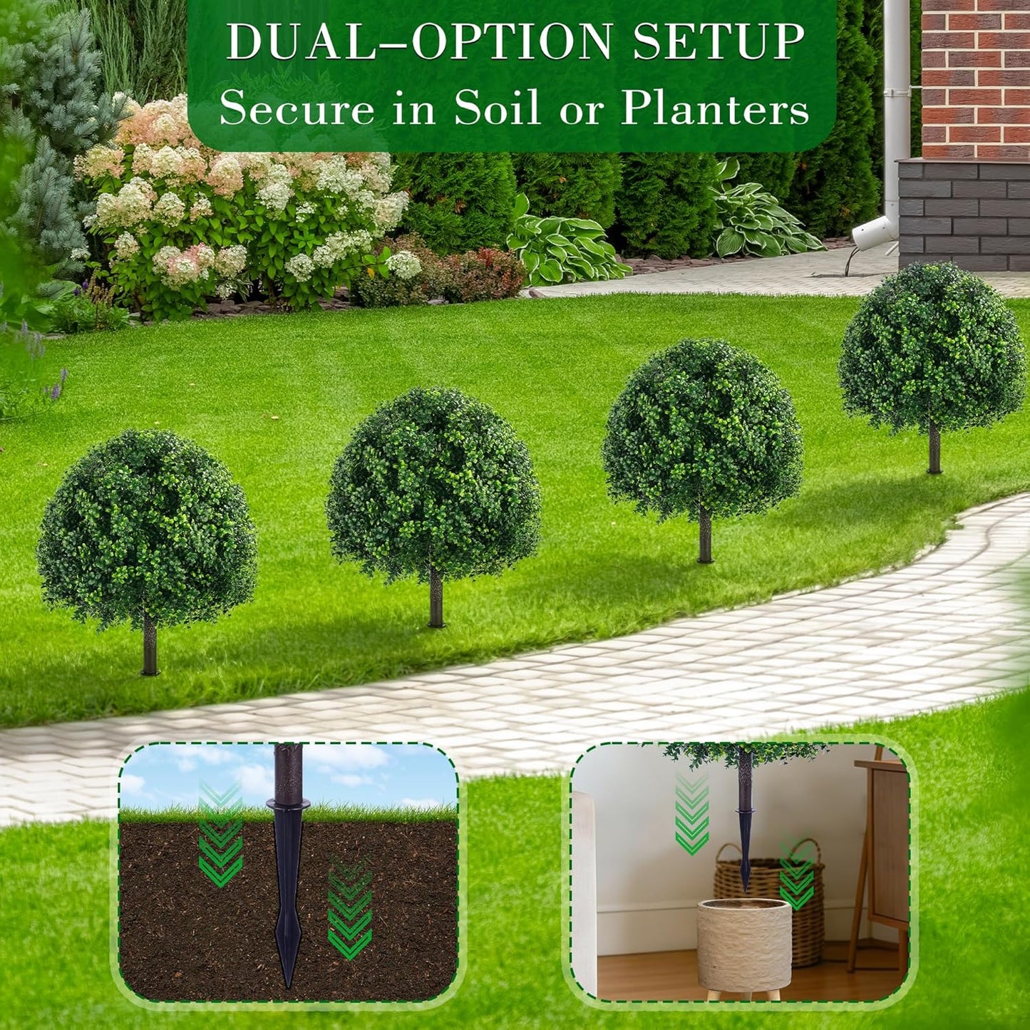 28 Inch Artificial Boxwood Trees, 2 Sets Faux Boxwood Topiary with Spikes, Pot Filler Fake Shrubs Plants for Outdoor Planters, Round Topiary Bush Balls Front Porch Home Garden Spring Decor