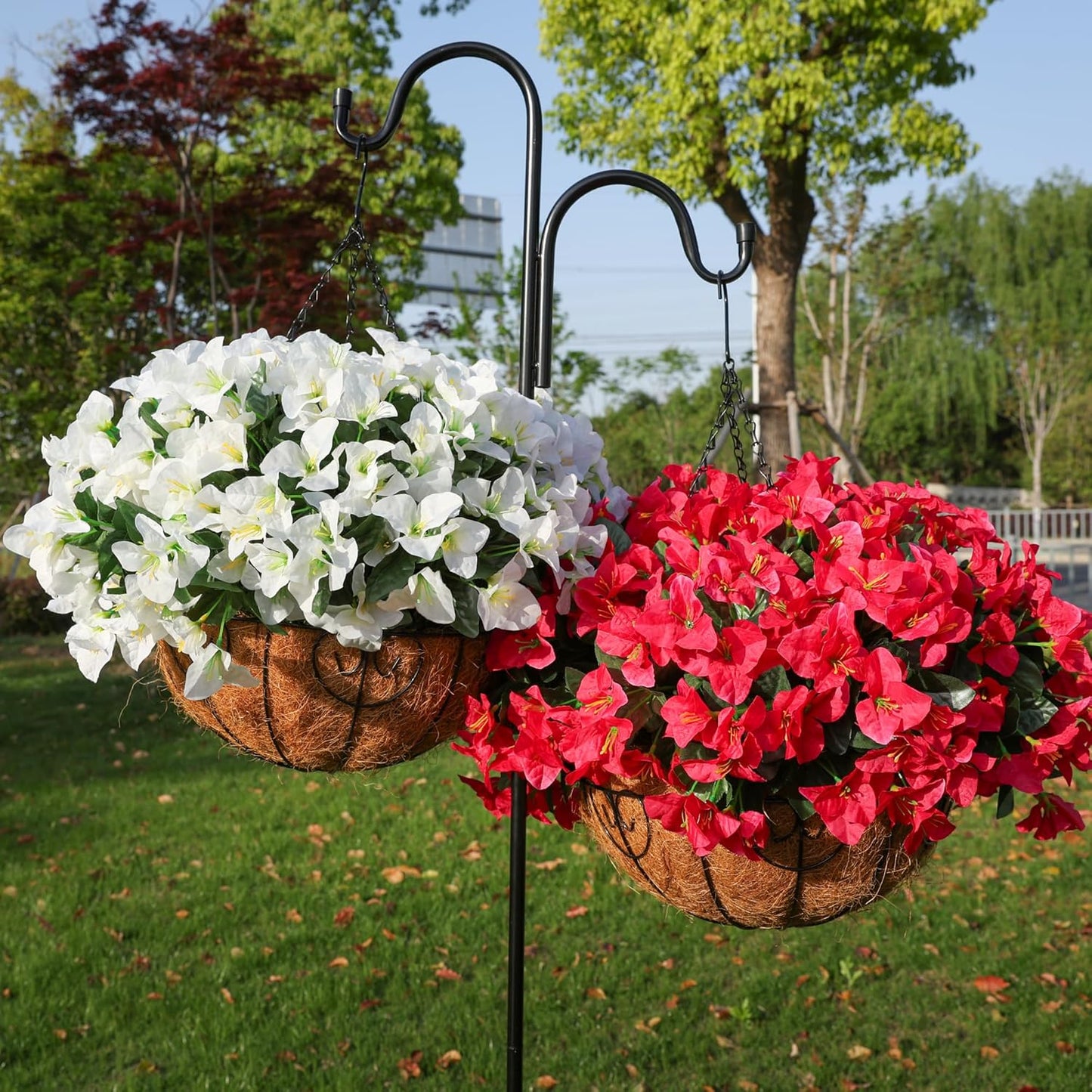 Artificial Fake Hanging Flowers Plants Basket for Outdoors Spring Summer Decoration, Faux Silk Bougainvillea Flowers in Planter UV Resistant Realistic for Outside Porch Patio Garden Yard Home, Hotpink