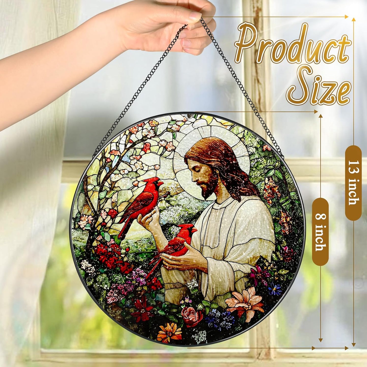 8-Inch Jesus with Cardinals Suncatcher Ornament, Stained Glass Window Hanging & Religious Christmas Ornament, Christian Window Decor — Memorial Gift, Christian Gifts for Her, Religious Gifts