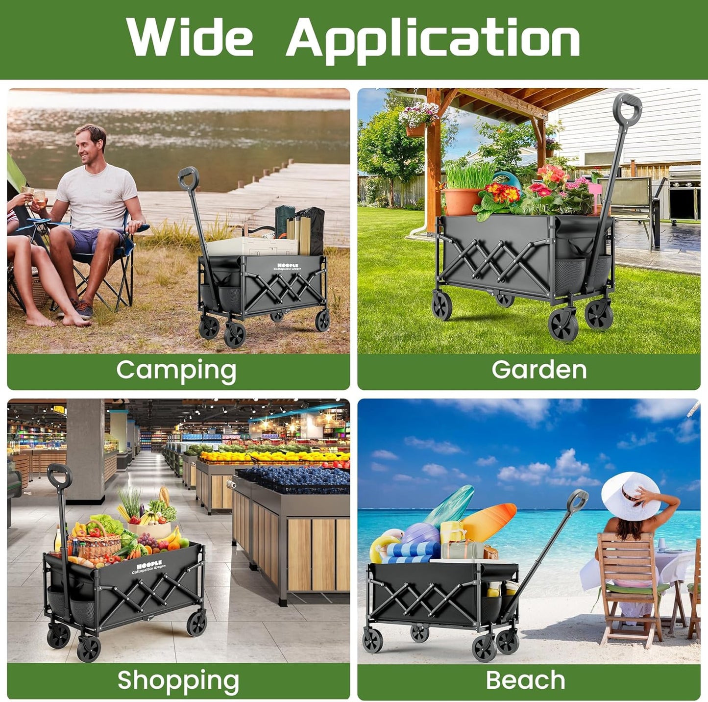 Collapsible Wagon with Wheels, Wagons Carts Foldable 220 lbs Heavy Duty, Folding Utility Wagon Cart with All-Terrain Wheels, Telescoping Handle & 2 Cup Holders for Beach Garden Grocery Shopping