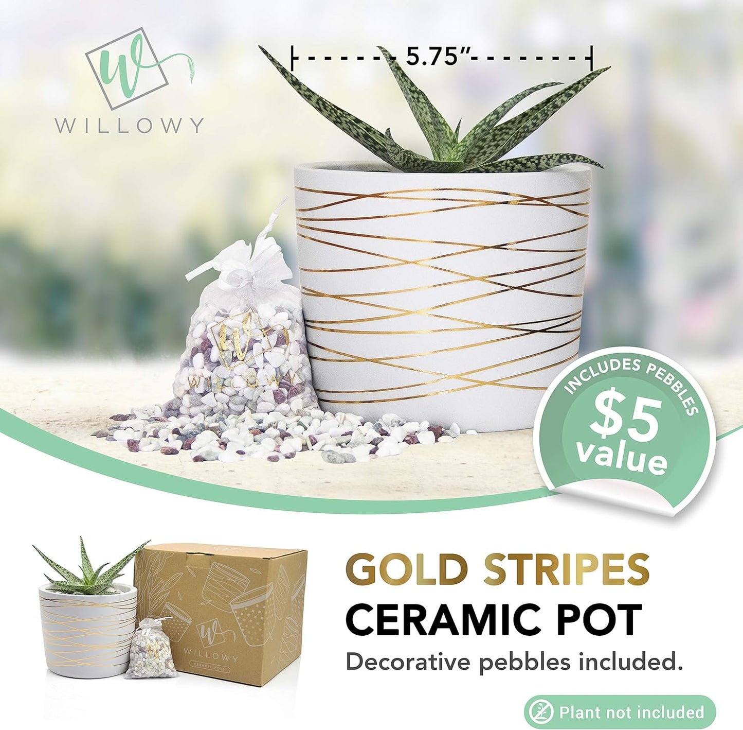 Willowy 6 Inch Ceramic Pot - Matte White with Gold Stripes - Drainage Plug Included