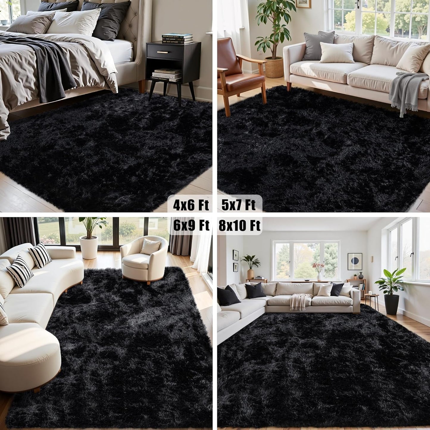 8x10 Area Rug for Living Room:Ultra Soft Fluffy Shag Black Rugs,Large Fuzzy Plush Indoor Non Slip Carpet Washable Rug for Bedroom Kids Nursery Office Dorm Modern Decor(Black)