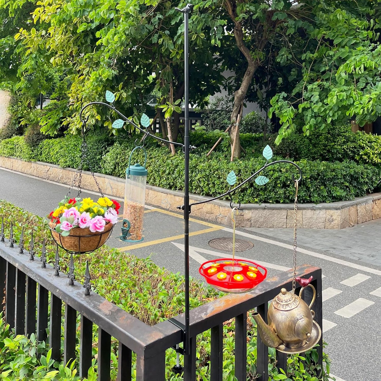 Deck Bird Feeder Hook, Multi-Hook Bird Feeder Hooks for Deck Railing, Clamp on Metal Bird Feeders Balcony Hanging Kit with 2 Adjustable Branches, Porch Planter Hanger for Attracting Wild Birds