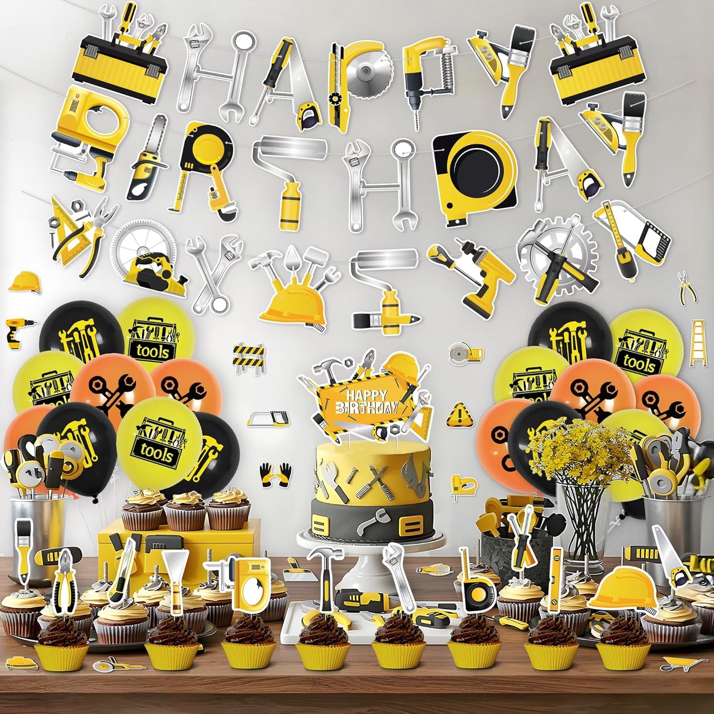 Tools Birthday Party Decorations, Tools Party Supplies Includes Happy Birthday Banner, Balloons, Cupcake Toppers, Cake Topper, Stickers for Tools Party