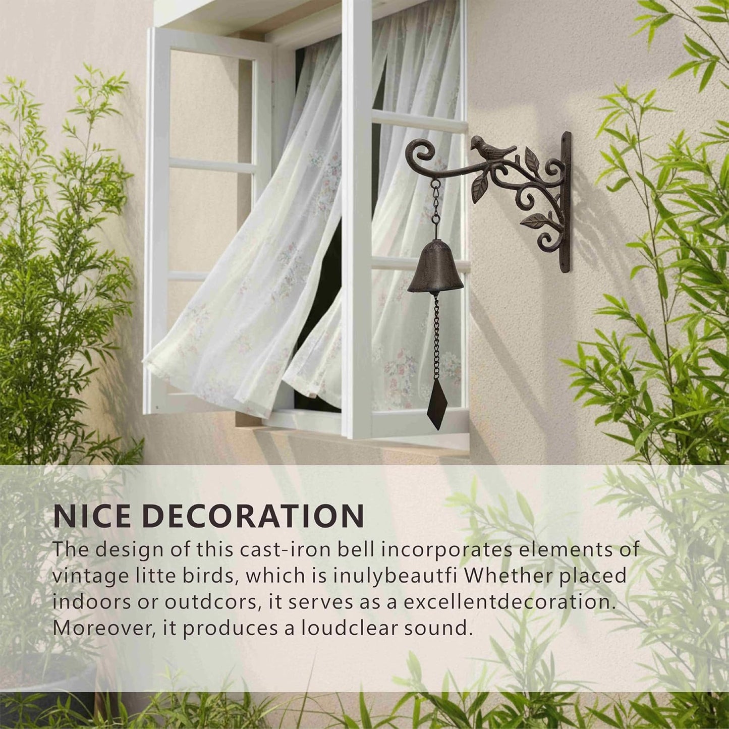 Cast Iron Outdoor Dinner Bell for Door, Wall Mounted for Home Patio Garden & Entryway, Black & Rust Bird Design