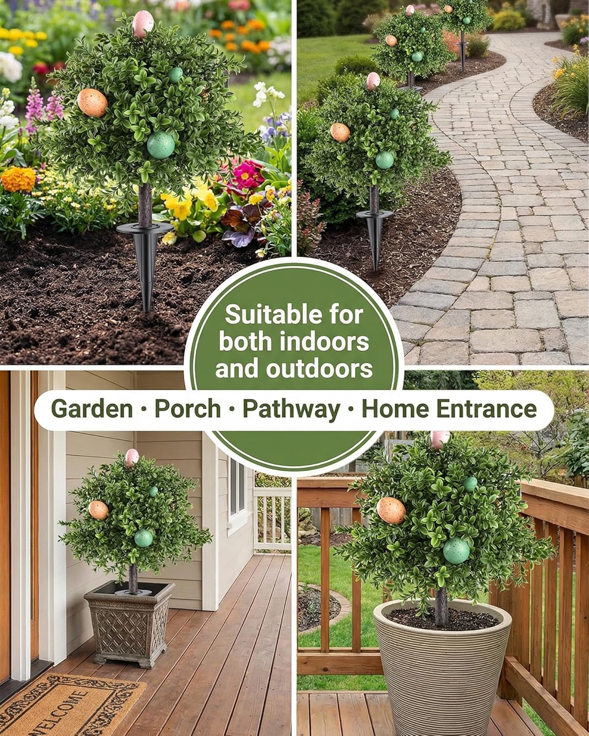 24" Easter Decorations Outdoor Tree, Set of 2 Artificial Boxwood Topiary with Easter Eggs, Stable Ground Spikes for Porch Yard Garden, UV Resistant Rainproof Faux Plants, No Tools Required